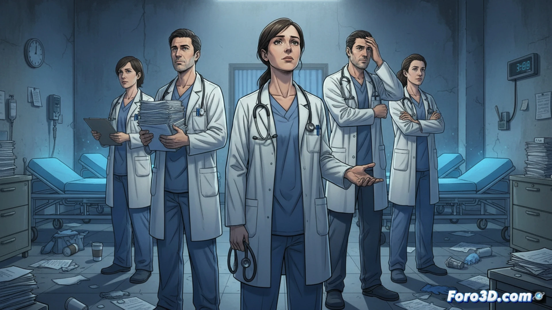 hospital corridor scene with exhausted doctor in white coat sitting against wall, medical mask pulled down, stethoscope around neck, empty coffee cups and scattered patient files on floor, overloaded nurse workstation in background with blinking monitors and stacked paperwork, dim fluorescent ceiling lights, tired colleagues walking slowly, dramatic shadows, cinematic photorealistic style, intense mood, high contrast, realistic textures, sterile environment with worn details, emotional storytelling through body language and environment