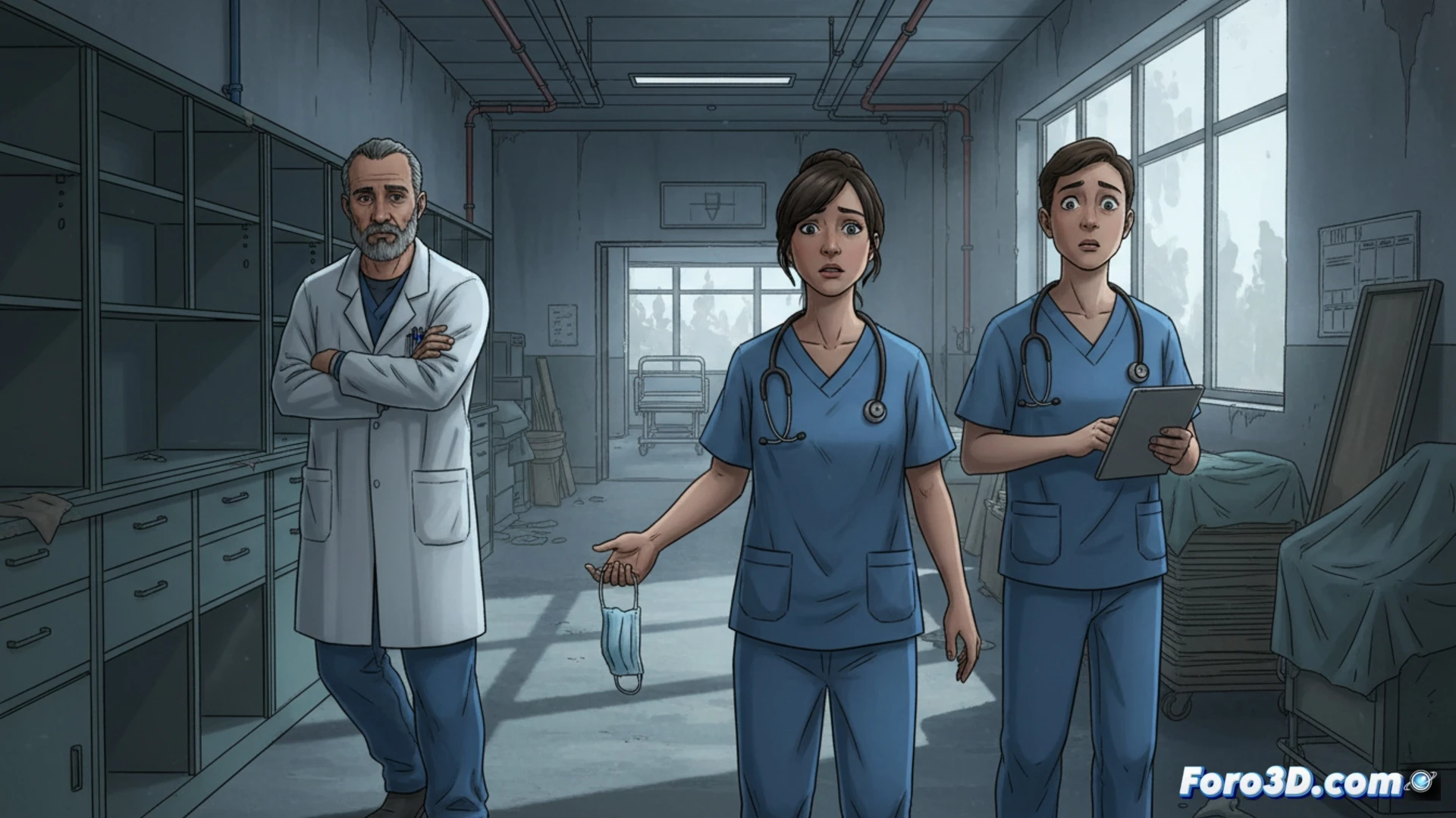 Médicos italianos con mascarillas y gráficos de virus, fondo de hospital saturado y falta de personal crítico.