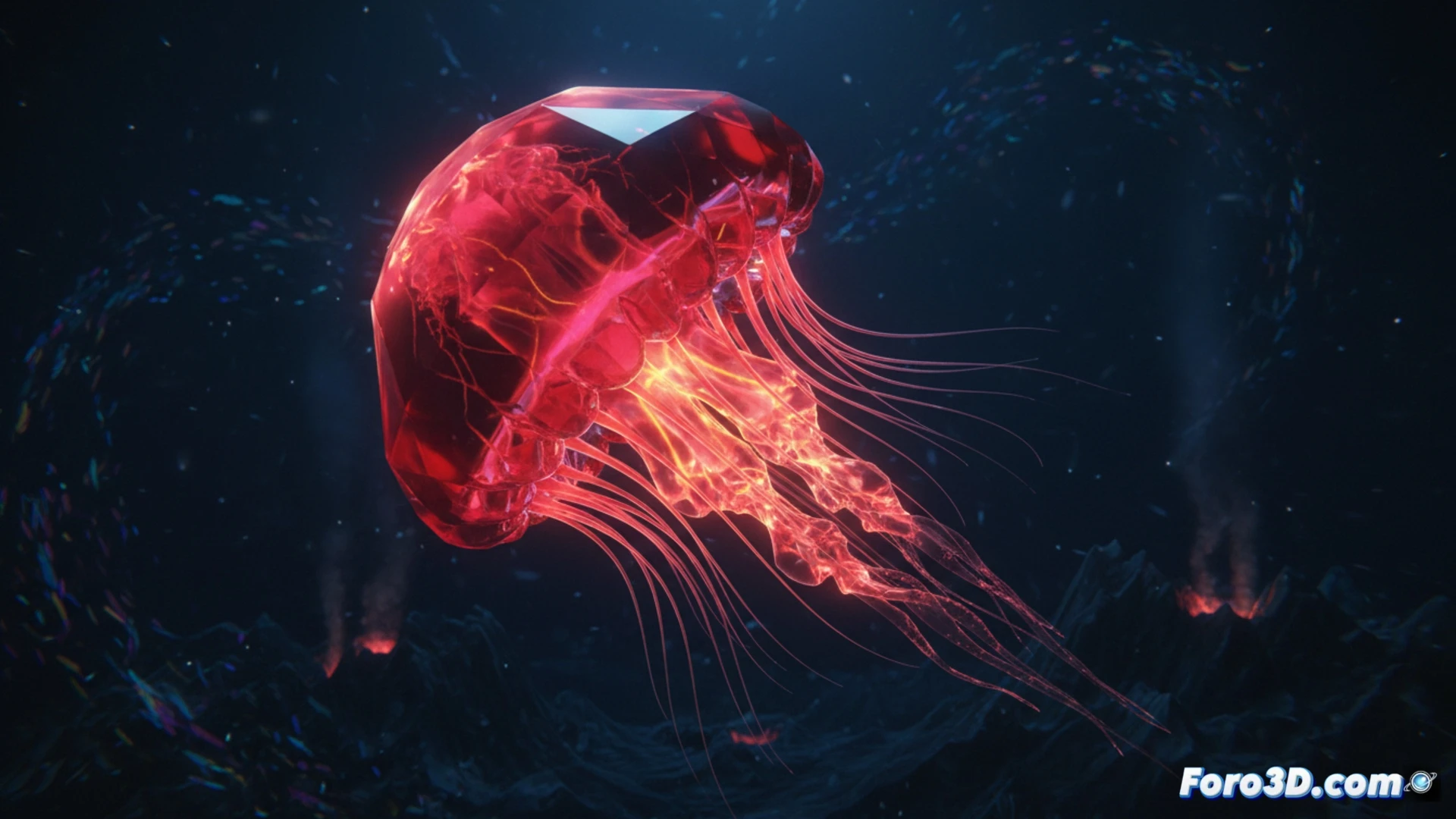 Medusa peine de sangre roja y bioluminiscente en aguas profundas chilenas, modelo 3D científico