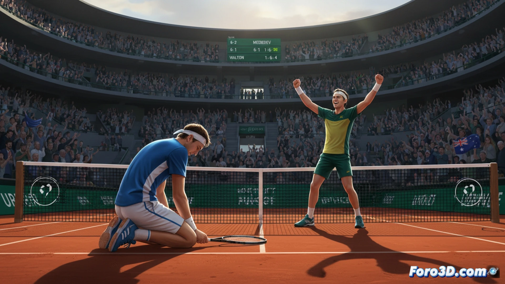 Tennis player hitting a powerful forehand on clay court, sweat droplets frozen mid-air, racket strings vibrating on impact, opponent lunging in defensive split step, Roland Garros stadium stands blurred in background, dramatic low-angle shot, bright sunlight casting long shadows on crushed brick surface, photorealistic sports photography, Canon 200mm f/2.8 lens effect, shallow depth of field, intense athletic motion, clay dust particles suspended in golden hour light, dynamic tension between players, ultra-sharp focus on ball compression against racket strings