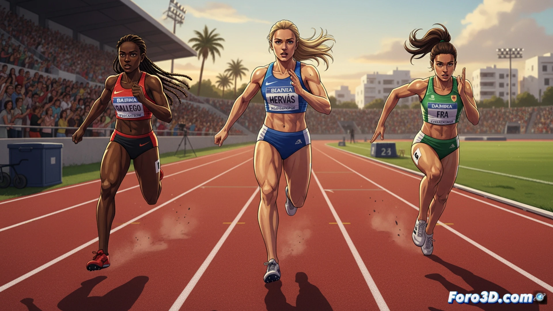 Tres atletas femeninas en plena carrera de 400 metros, con tensión muscular y mirada fija hacia la meta bajo un cielo despejado.