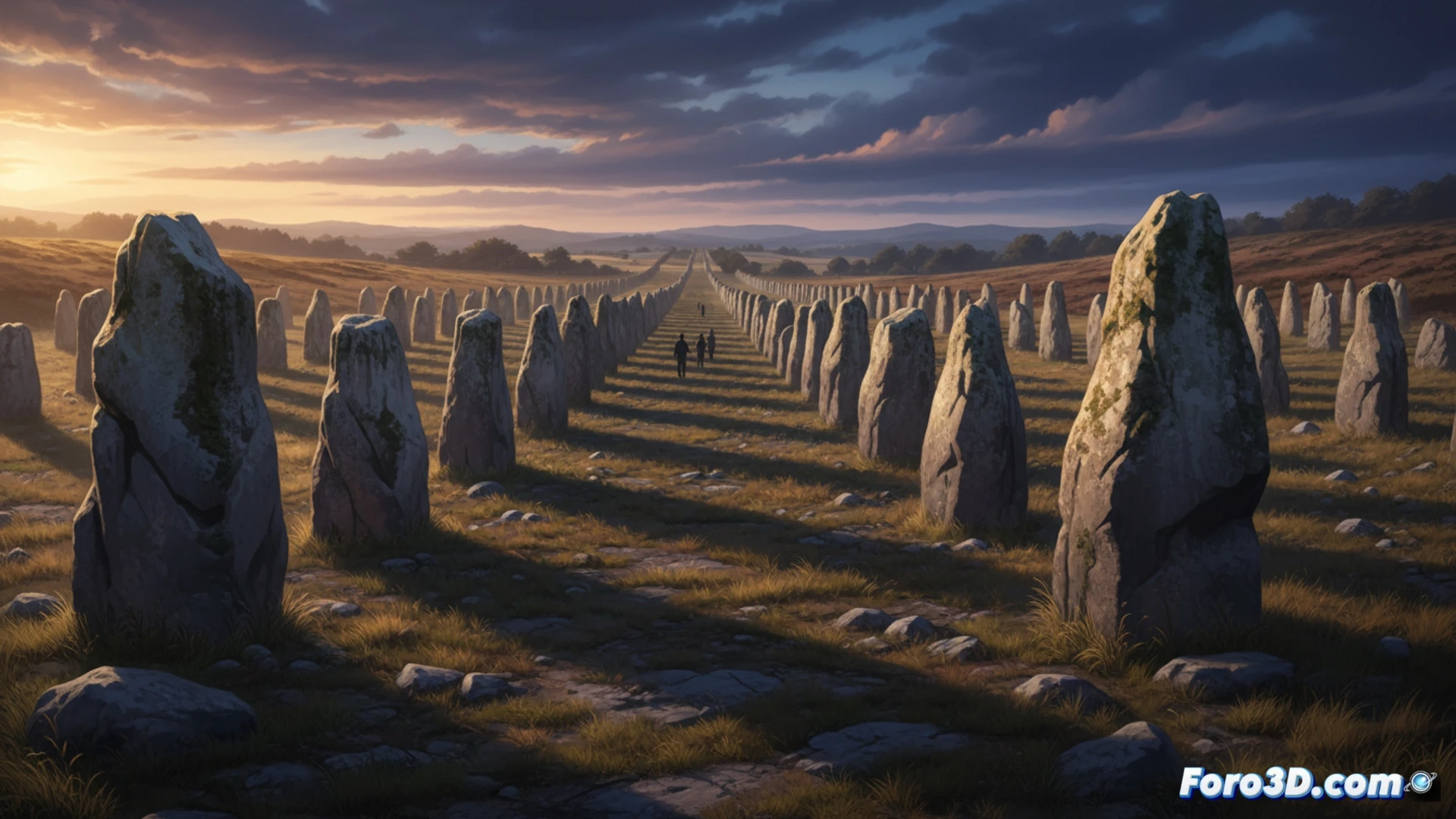 Aerial view of Carnac megaliths at sunrise, long rows of standing stones casting elongated shadows across misty green fields, a single archaeologist in orange vest kneeling beside a broken menhir while holding a ground-penetrating radar device, screen displaying underground anomalies, drone hovering overhead with camera pointing down, cinematic photorealistic style, dramatic golden light piercing morning fog, ultra-detailed granite textures covered in lichen, mysterious atmospheric depth, hyperrealistic landscape photography
