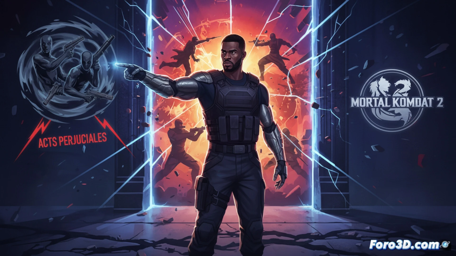 Mehcad Brooks en pose seria, con puños ensangrentados, contrasta con un fondo de armas de videojuegos; el caos de Mortal Kombat 2 se muestra como arte marcial respetuoso frente a la violencia realista de los shooters.