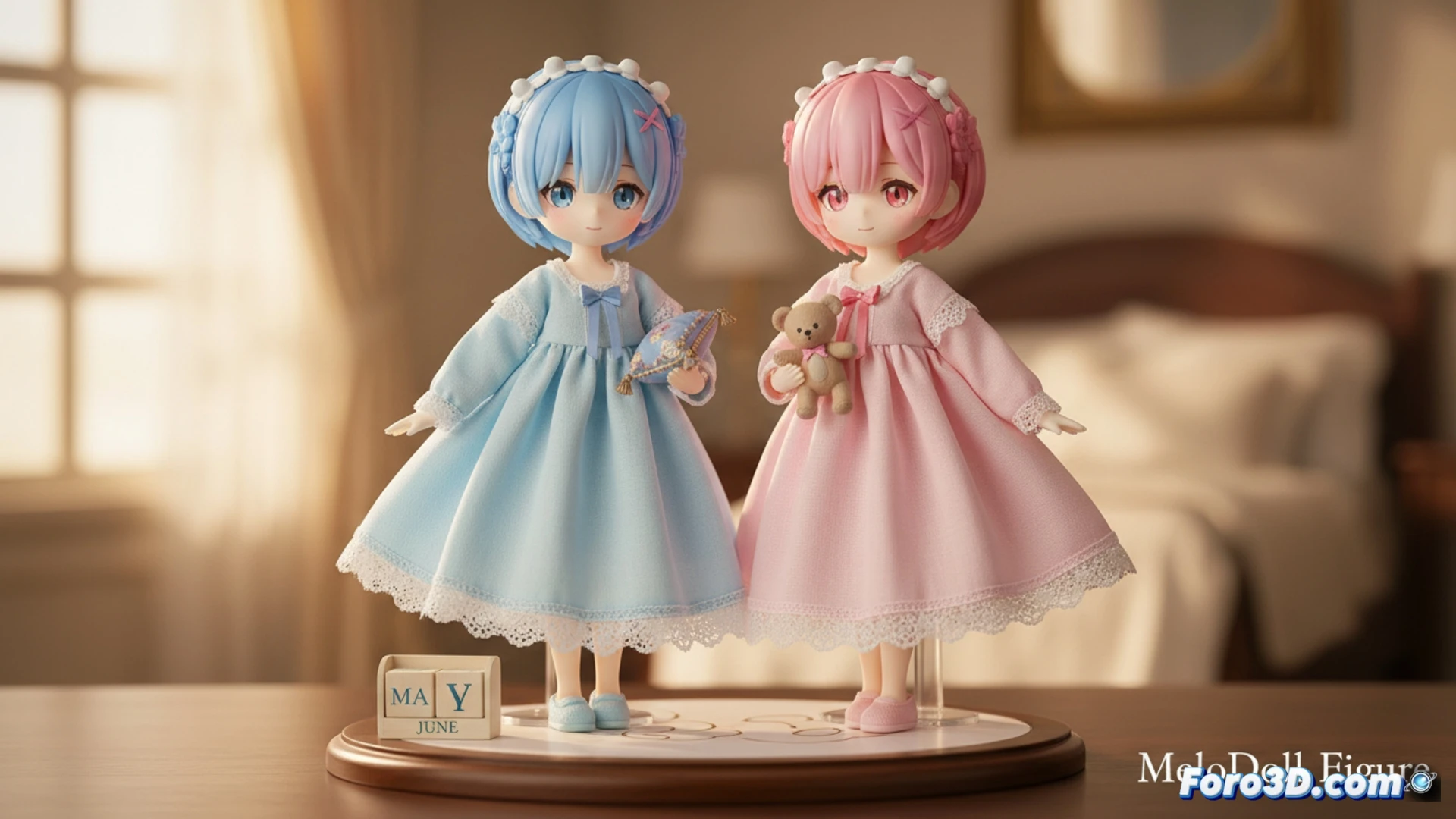 Dos muñecas MeloDoll, Rem y Ram, con ropa de tela real y articulaciones móviles, posan en camisones azul y rosa.