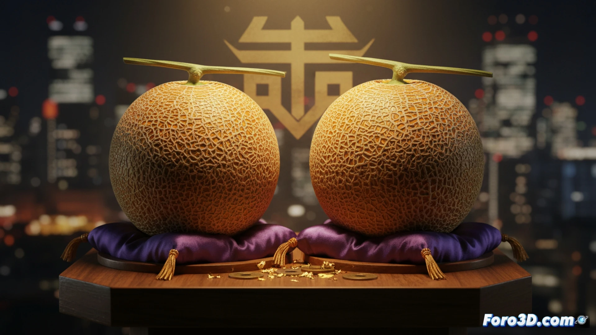 two premium Yubari melons displayed on a polished wooden auction pedestal in a formal Japanese auction hall, auctioneer's gavel mid-strike beside a glowing digital price board showing yen figures, crate of melons with protective netting and green stems visible, cinematic photorealistic technical illustration, dramatic spotlight illuminating the fruit, subtle condensation on melon skin, luxury retail atmosphere, ultra-detailed texture of the melon rind and woven crate, soft bokeh background with seated bidders, high-end still life composition