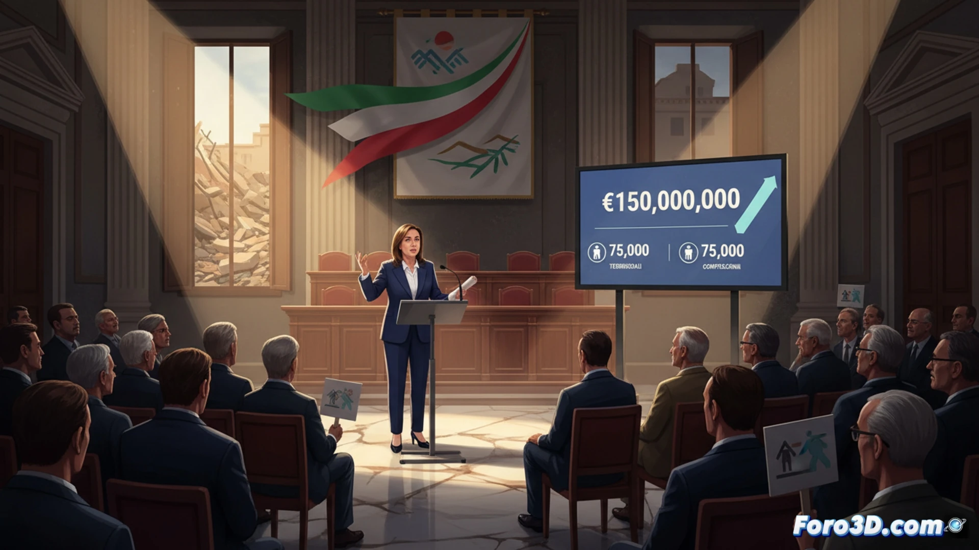 photorealistic cinematic scene of Italian Prime Minister Giorgia Meloni standing beside a technical map of landslide zones on a large monitor in a municipal hall, pointing at cracked terrain data while a civil protection official holds a tablet showing infrastructure damage, red hazard markers and soil displacement diagrams visible on screen, emergency funding documents and a check for 150 million euros on the table, engineering blueprints of slope stabilization, heavy rescue equipment in background, dramatic lighting, ultra-detailed textures, professional government setting
