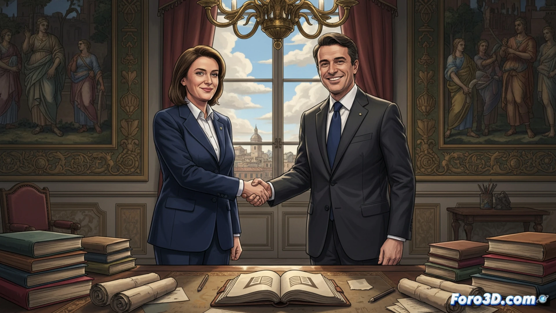 Primera ministra Meloni y ministro Giuli, sonrientes, sellan su alianza cultural en el Palacio Chigi.