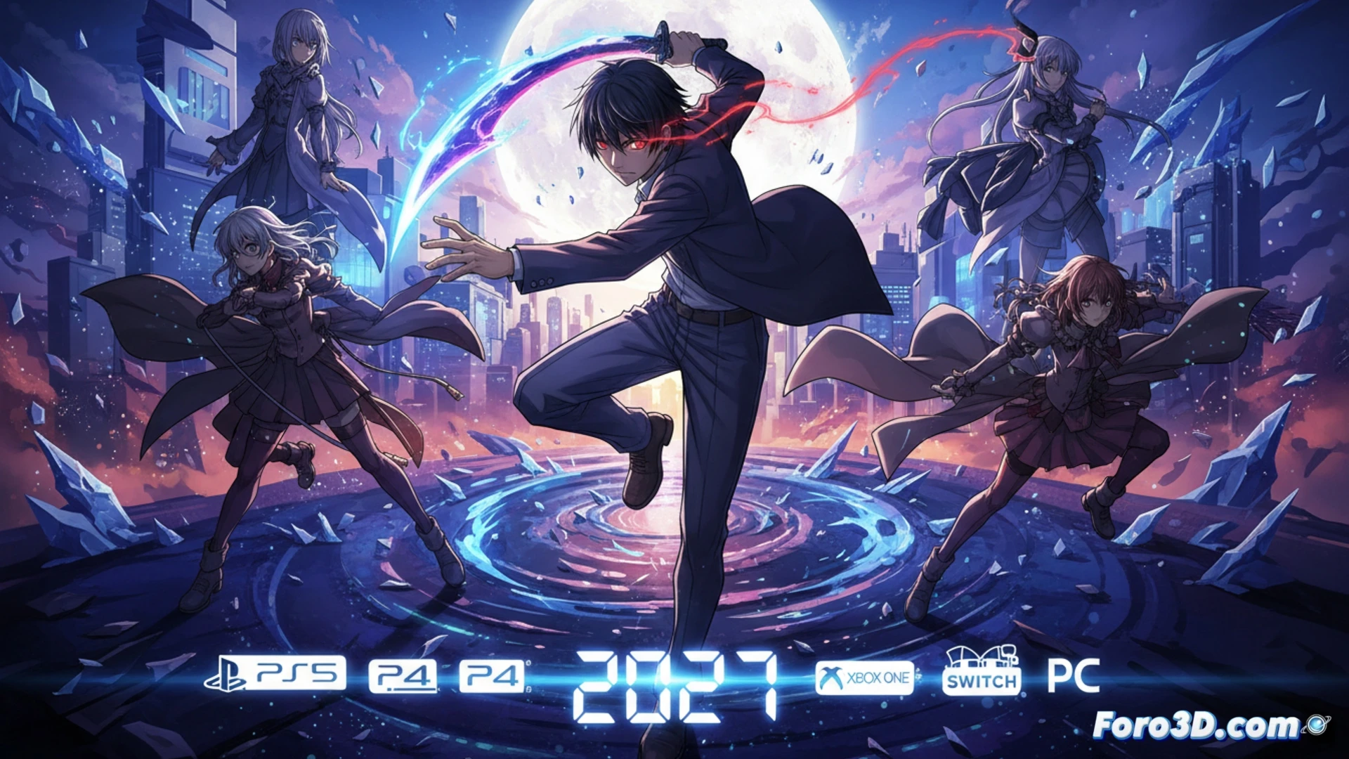 Una escena nocturna onírica muestra a dos luchadores de Melty Blood enfrentándose bajo una luna carmesí, con destellos de energía y sombras etéreas.