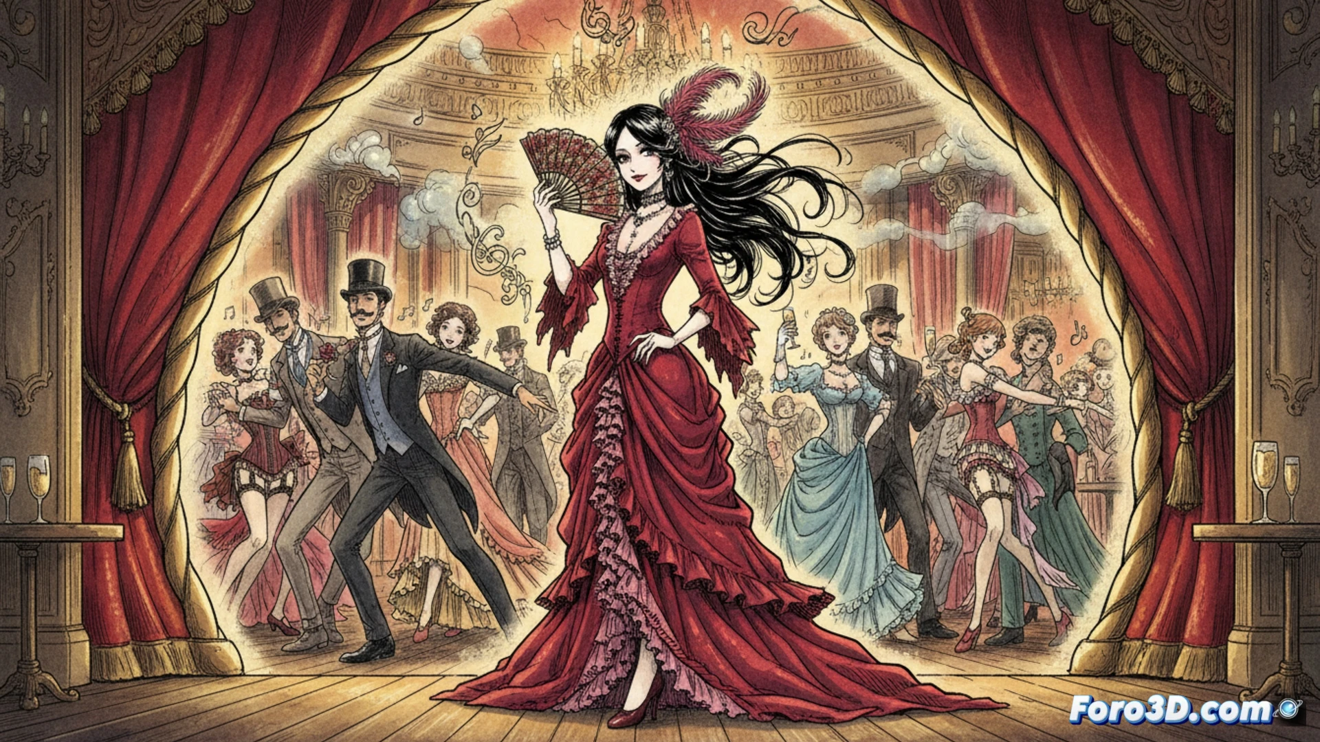 Una escena teatral con actores en un burdel parisino de 1900, luces rojas y un letrero de neón: The Night Egg.