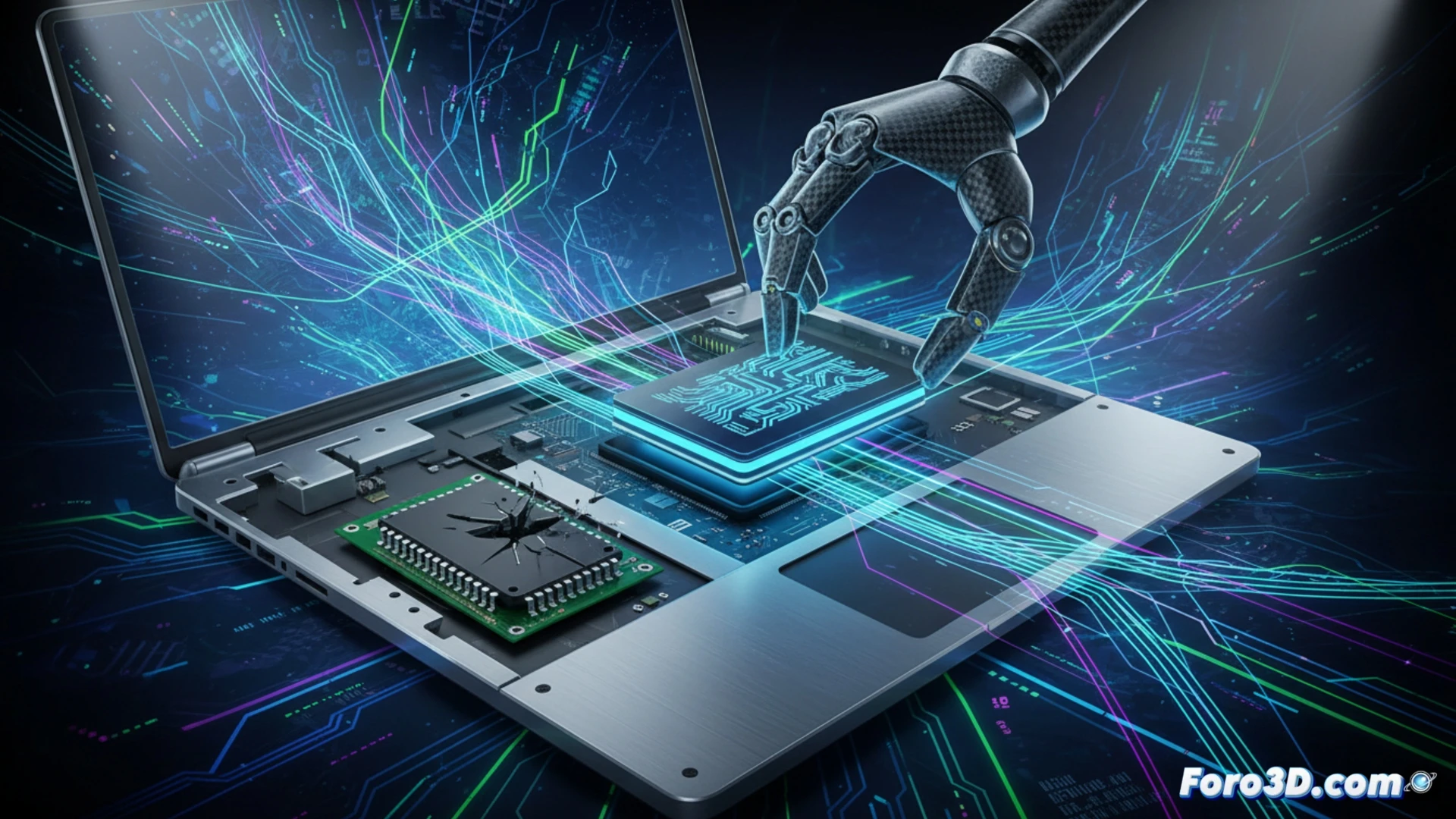 Photorealistic technical illustration of a technician upgrading RAM on a compact laptop motherboard, one hand inserting a slim LPCAMM2 memory module into a horizontal slot while the other holds a small screwdriver, the module showing exposed gold contact pins and tiny chips, the motherboard labeled with empty DIMM slots nearby, modular upgrade process demonstrated with precise alignment, bright white workshop lighting, macro lens focus on the connector interface, metallic heatsink fins visible, engineering visualization style, no text or labels on components, ultra-detailed PCB traces and solder points