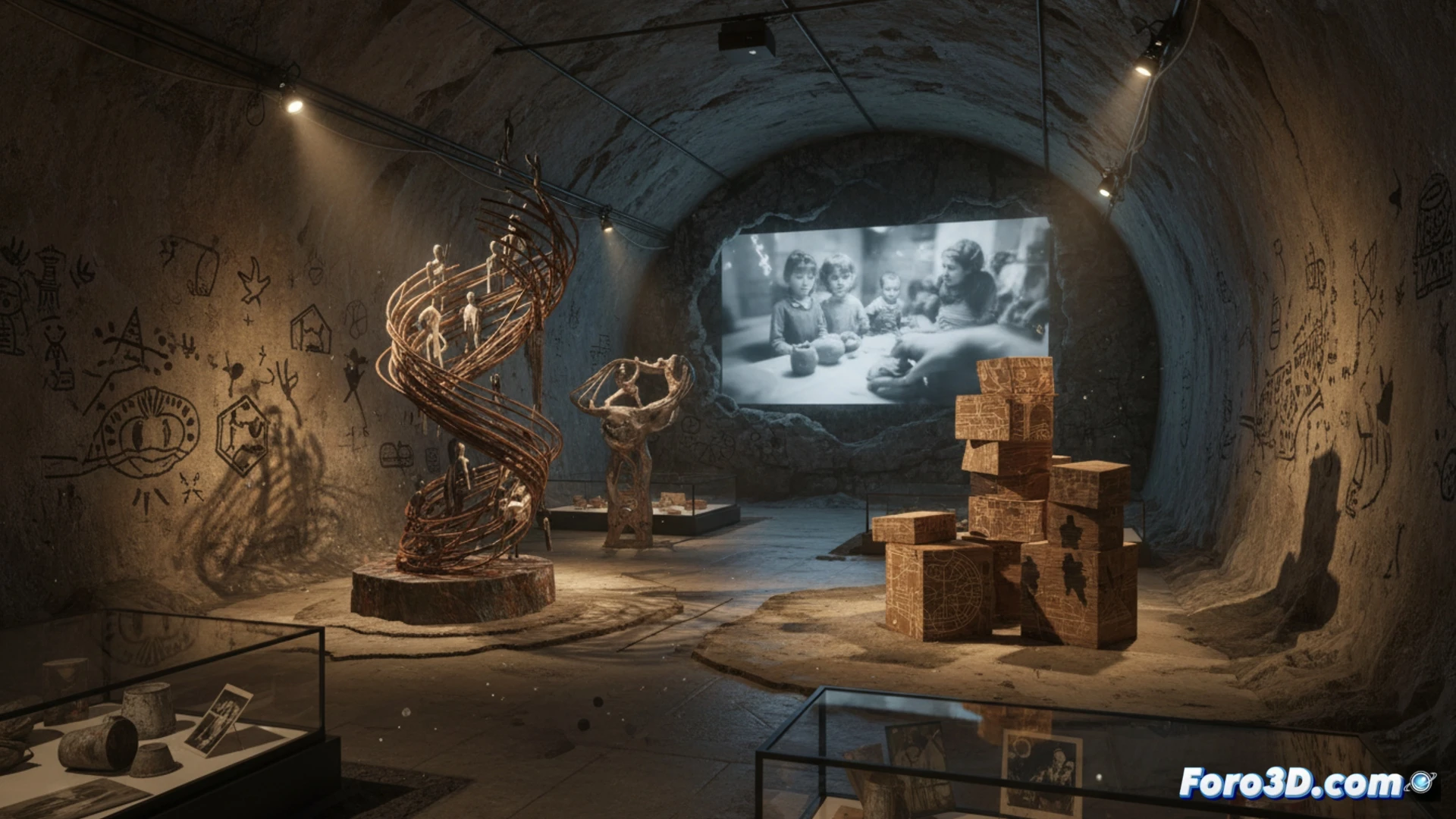 bunker interior with rough stone walls transformed into art gallery, sculptural metal fragments suspended from ceiling while visitors walk through narrow corridor, oil paintings of war scenes mounted on concrete, glowing video projection of historical footage on curved wall, cinematic architectural visualization, dramatic chiaroscuro lighting with warm spotlights, dust particles floating in light beams, rough textured surfaces contrasting with polished art pieces, photorealistic technical render, wide-angle lens perspective emphasizing depth and confinement