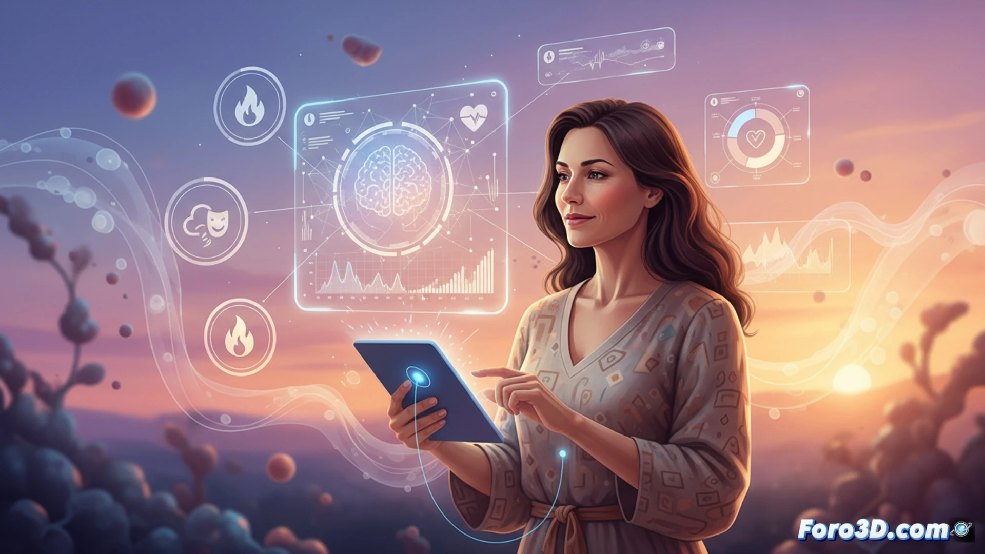 Mujer con tableta viendo gráficos de síntomas menopáusicos, fondo suave, iconos de candado y nube de datos.
