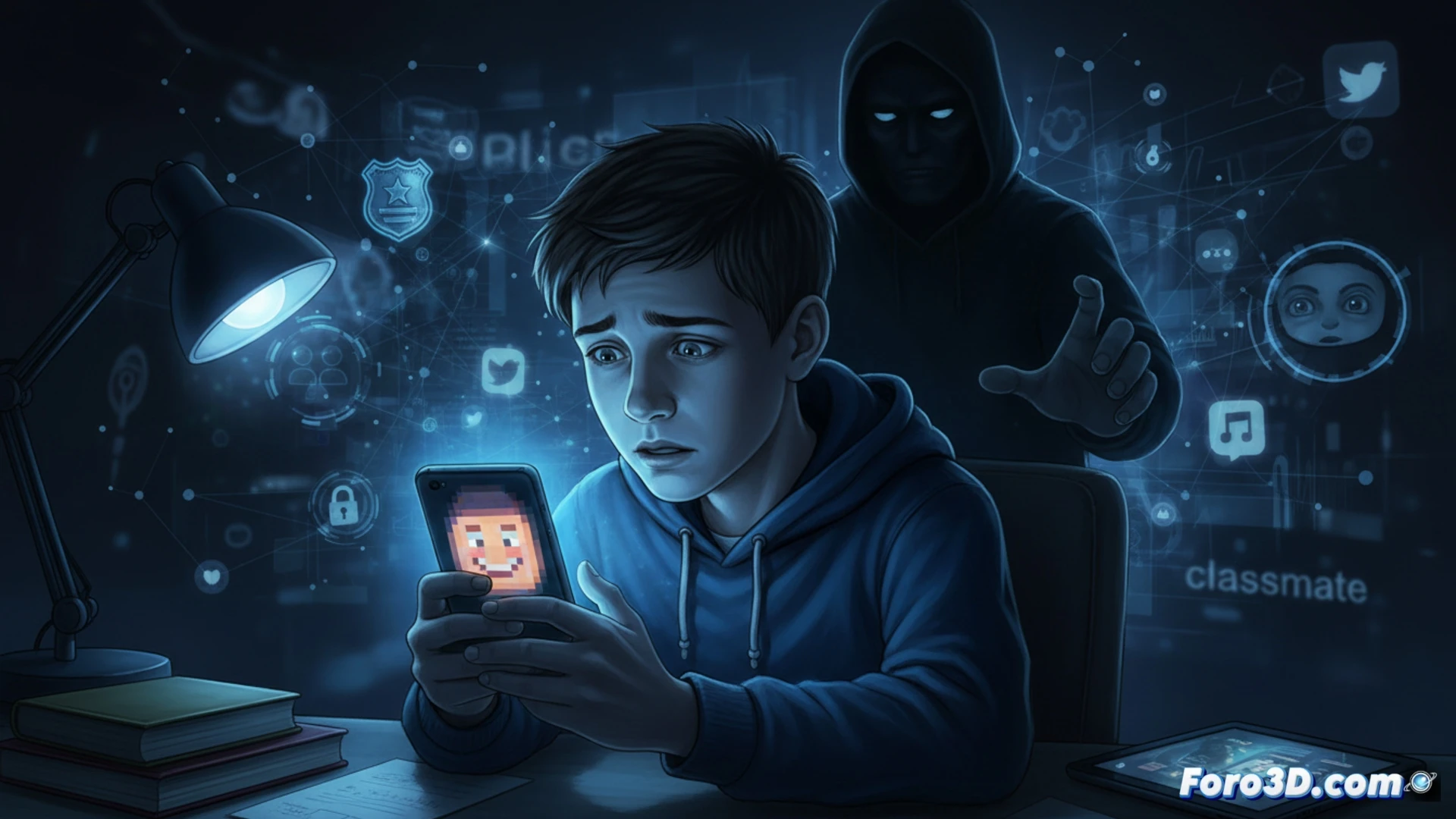 Menor en computadora con chat abierto, ícono de perfil falso al lado. Fondo oscuro, advertencia digital con ojo vigilante.