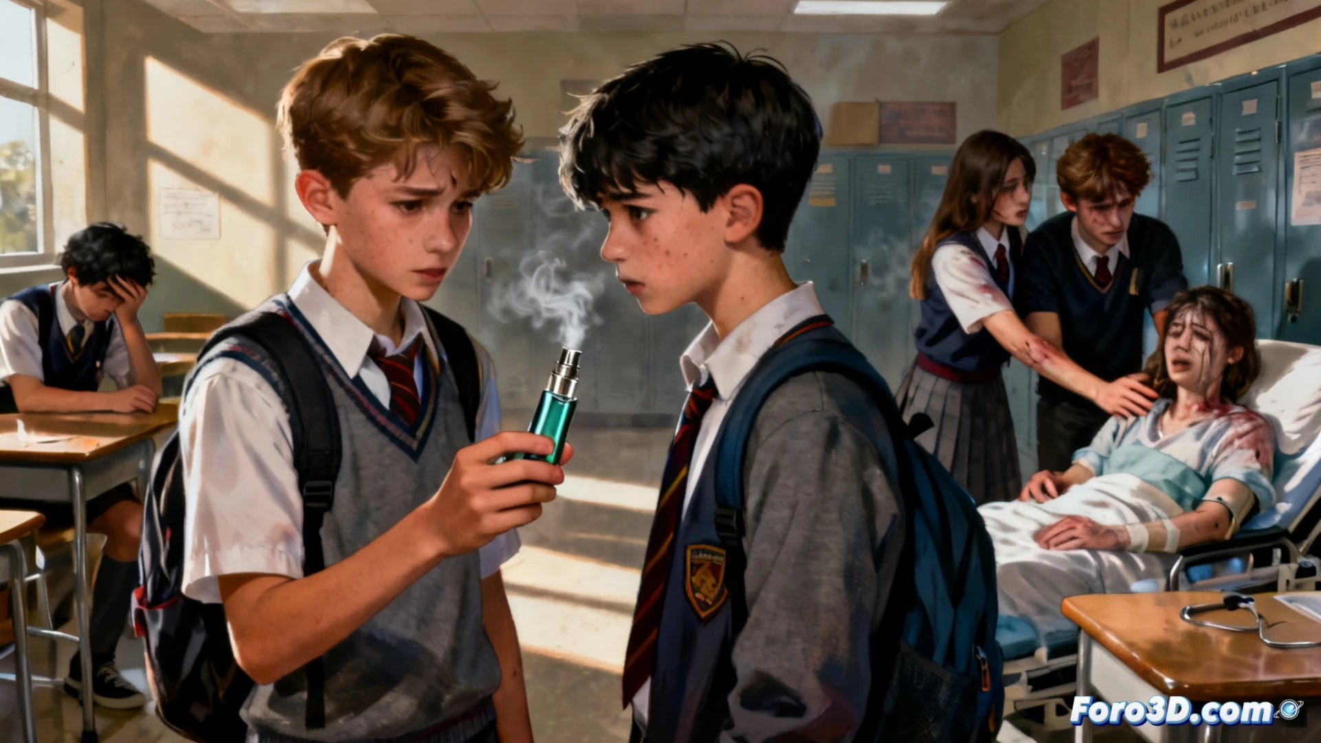 Dos menores esposados junto a un vapeador y marihuana, con un colegio al fondo en Jaca.