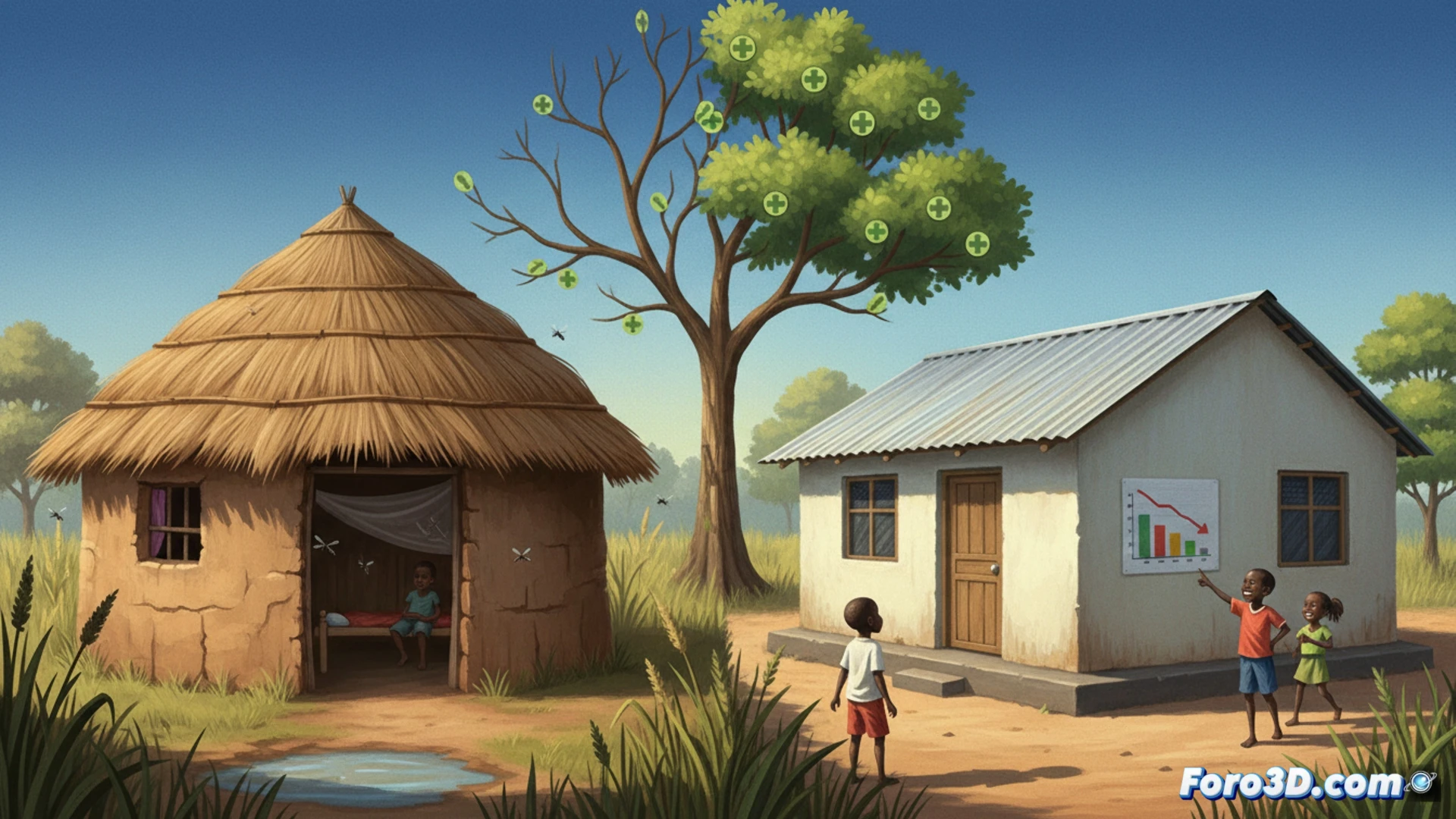 Traditional rural Tanzanian house being upgraded, workers installing screened windows and sealed roof while children play nearby, mosquito netting visible over beds inside, contrast between old mud walls and new improved materials, sunlight streaming through gaps showing reduced insect entry points, health clinic in background with medical charts, cinematic documentary style, warm African daylight, photorealistic architectural detail, dust particles in air, construction tools and materials scattered, before-and-after design elements visible, ultra-detailed textures of thatch and metal roofing