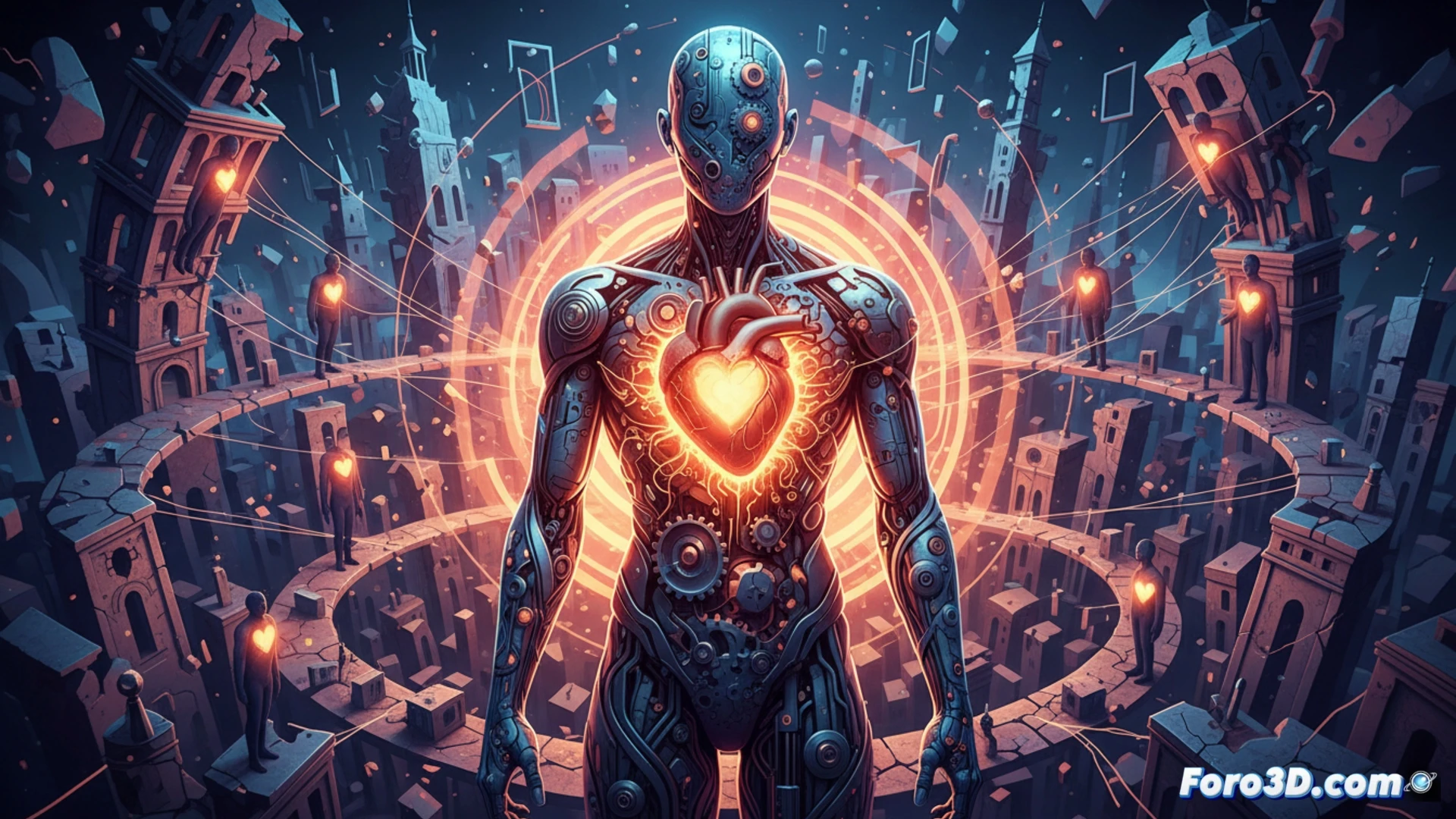 MeOne standing in a dimly lit studio in Tomelloso, using a digital pen on a graphics tablet while chaotic red and blue emotion lines scatter across a large monitor, his other hand pressing against his chest, a glowing heart-shaped core inside his ribcage projecting ordered geometric circuits outward, tangled wires and paint-splattered tools on the desk, cinematic photorealistic technical illustration, dramatic chiaroscuro lighting, intense focus on the artist face and hands, high-contrast industrial atmosphere, ultra-detailed skin texture and fabric folds, motion blur on flying paint droplets
