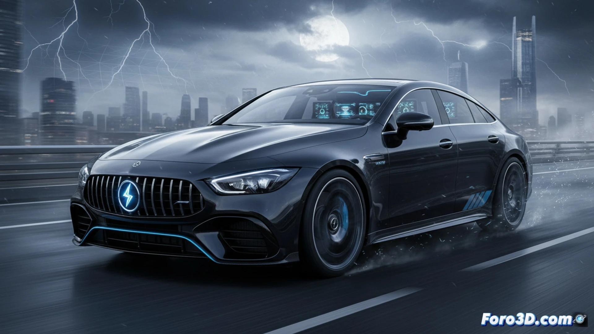 Mercedes-AMG GT 4-door electric coupe accelerating on a dark racetrack at sunrise, glowing blue battery cells visible through a transparent hood cutaway, three digital dashboards displaying power output while Burmester speaker grilles pulse with light, front wheels spinning with torque vectoring action, aerodynamic air curtains flowing over 20-inch rims, rear diffuser channeling turbulent airflow, cinematic engineering visualization, photorealistic carbon fiber body, dramatic side lighting reflecting off metallic paint, motion blur on tire treads, ultra-detailed suspension components, high-contrast industrial studio lighting
