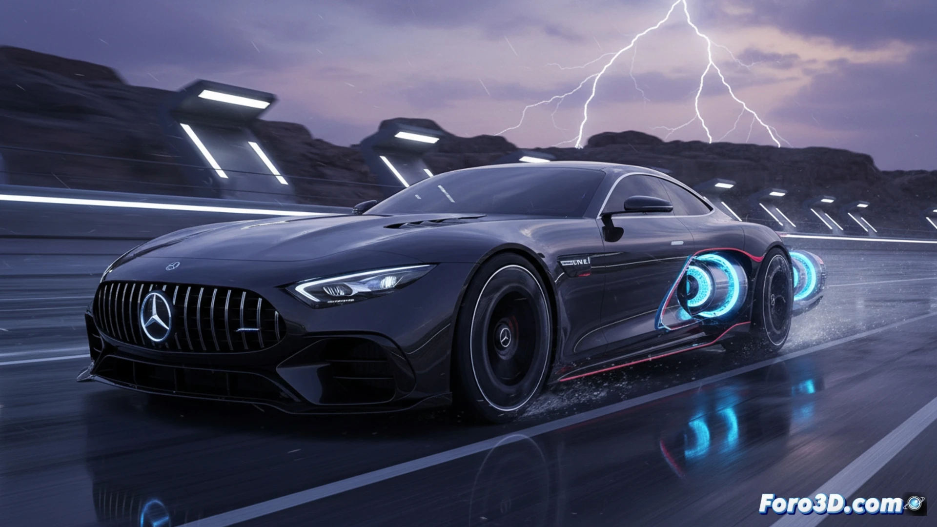 Mercedes AMG GT electric sedan accelerating on a test track, three axial flux motors visible through cutaway chassis, glowing blue energy lines flowing from YASA motor units to wheels, torque vectoring action during high-speed cornering, dramatic tire smoke and motion blur at 0-60 mph launch, carbon fiber body panels with metallic finish, cooling ducts and battery pack visible under aerodynamic hood, cinematic engineering visualization, photorealistic automotive render, dynamic lighting with sparks from brake discs, ultra-detailed suspension and drivetrain components