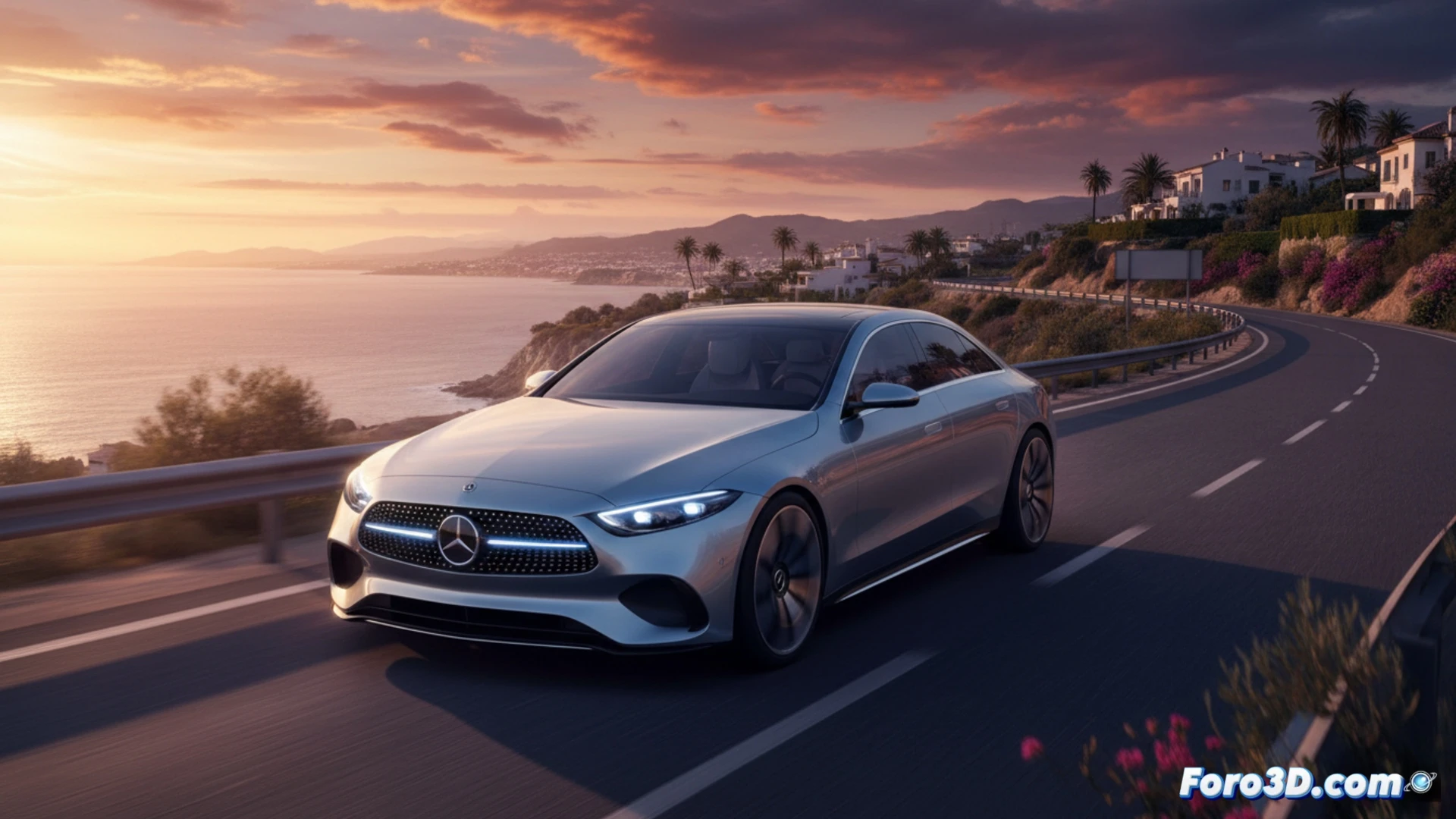 Mercedes Clase C eléctrico C 400 4MATIC en azul, sedán aerodinámico con luces LED, cargando bajo un árbol en carretera nocturna.