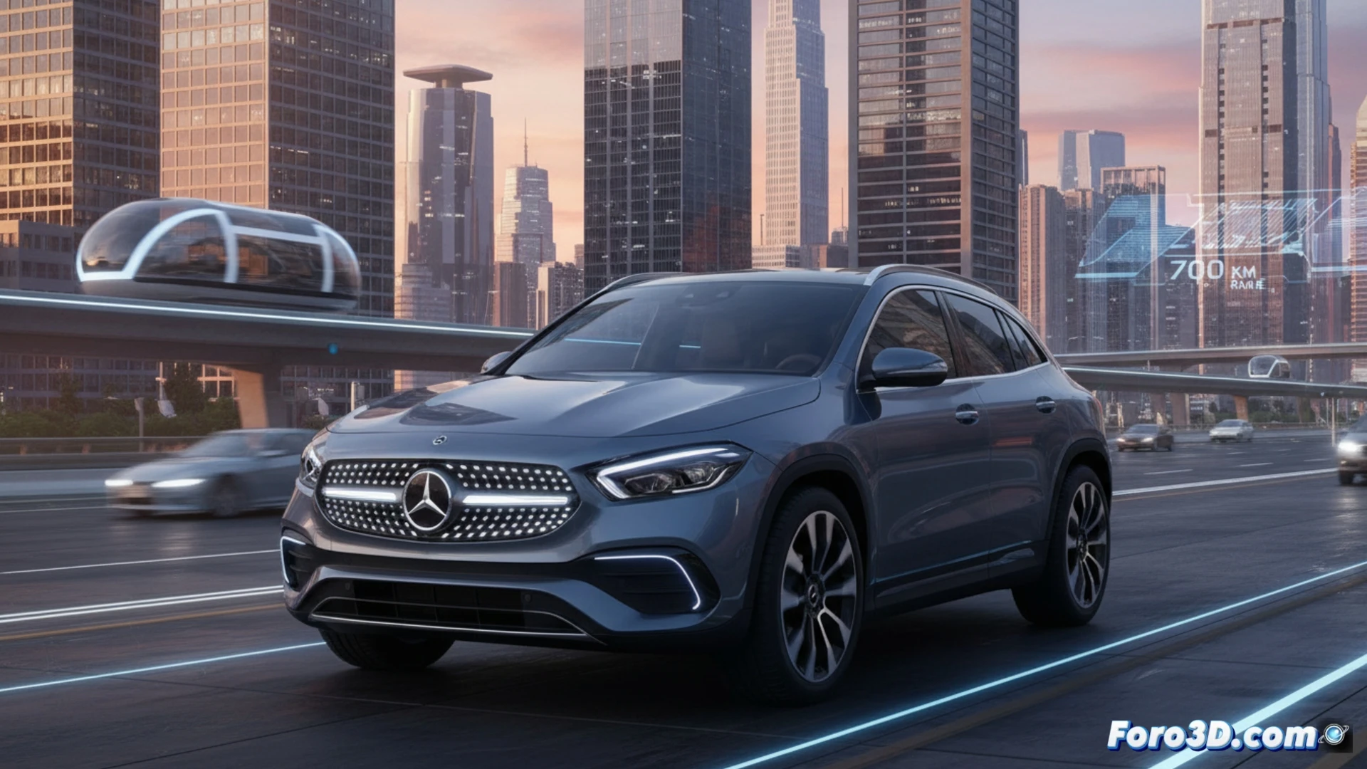Mercedes GLA 2027 SUV eléctrico en túnel de viento durante prueba aerodinámica, flujo de aire azul brillante recorriendo capó elevado y hombros marcados, batería bajo el piso expuesta en corte técnico, ruedas girando a alta velocidad, polvo de arrastre levantado, visualización de ingeniería cinematográfica, iluminación industrial fría, reflejos metálicos en carrocería compacta de 4,52 metros, render fotorrealista ultra detallado
