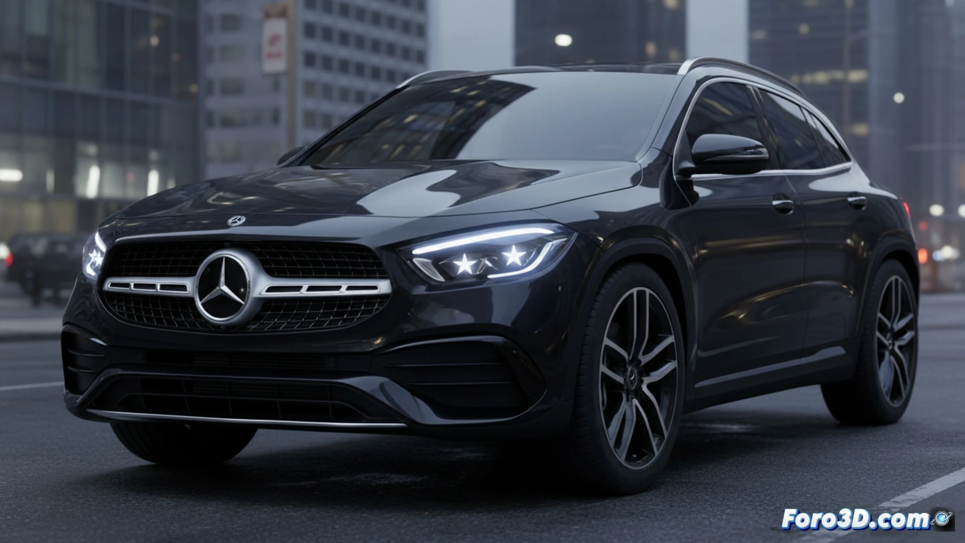 Mercedes GLA 2027 frontal iluminado durante una inspección nocturna en un taller de diseño, faros LED MultiBeam activados mostrando la estrella tridimensional dentro de cada carcasa, parrilla trapezoidal cromada de gran tamaño, borde superior del faro con firma luminosa afilada, capó abierto revelando el motor y cables de diagnóstico conectados a un portátil con software de calibración óptica, ingeniero ajustando parámetros de iluminación en tiempo real, reflejos metálicos sobre la carrocería azul oscuro, fondo con estanterías de herramientas y pantallas de simulación lumínica, estilo cinematográfico hiperrealista, iluminación técnica dramática, texturas de plástico y metal ultradefinidas, render fotorealista de ingeniería automotriz.