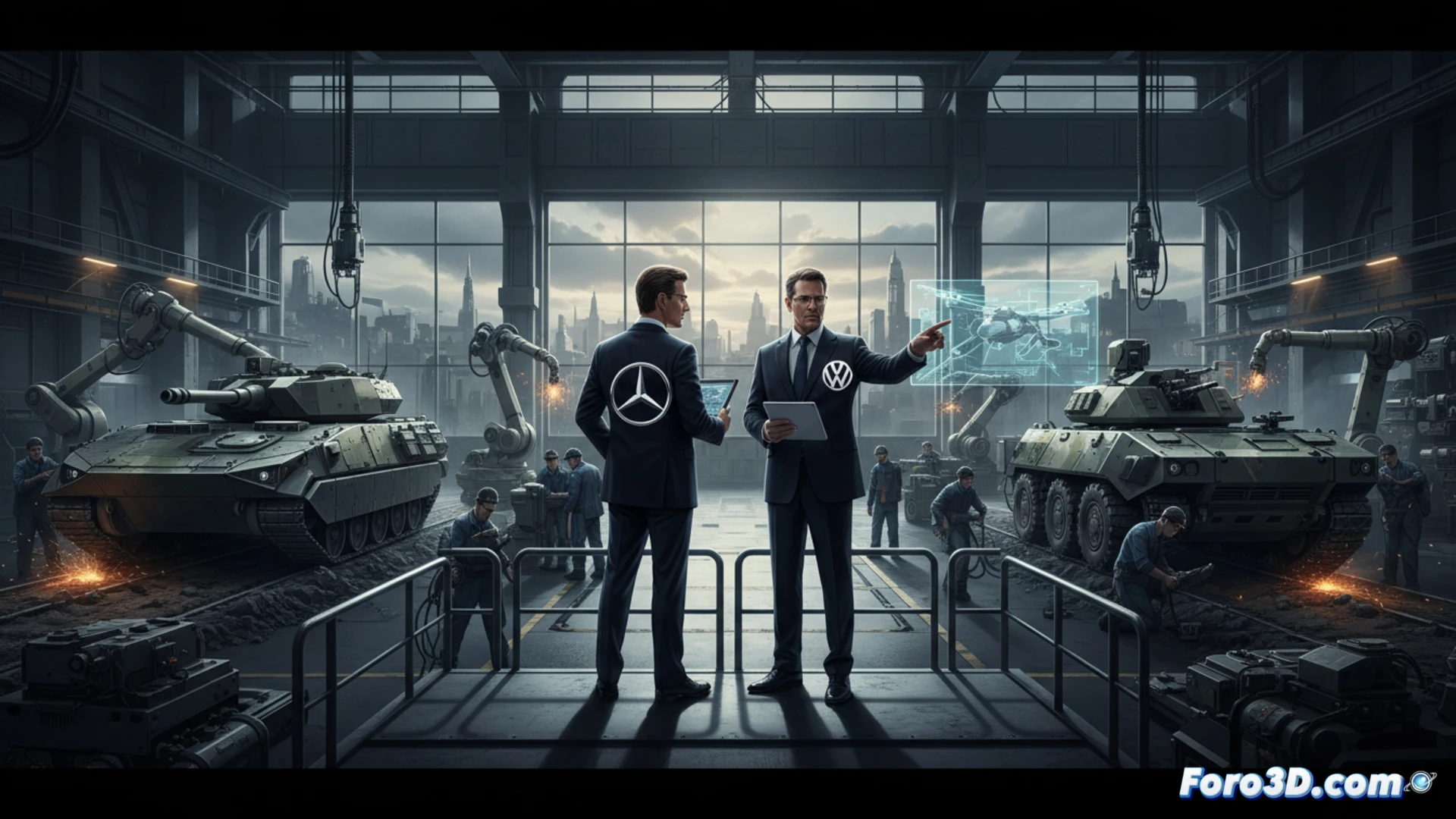 Mercedes-Benz y Volkswagen ingenieros militares colaborando en hangar industrial, proceso de adaptación de cadena de montaje automotriz para ensamblaje de blindaje de vehículo táctico, brazos robóticos soldando chasis reforzado con aleación balística, componentes de defensa apilados junto a piezas de motor diésel militar, pantallas holográficas mostrando esquemas técnicos de armamento, luces LED azules sobre suelo de taller, grúas elevando módulo de torreta, ambiente de alta seguridad, estilo cinematográfico hiperrealista, iluminación dramática, texturas metálicas detalladas, render técnico industrial.