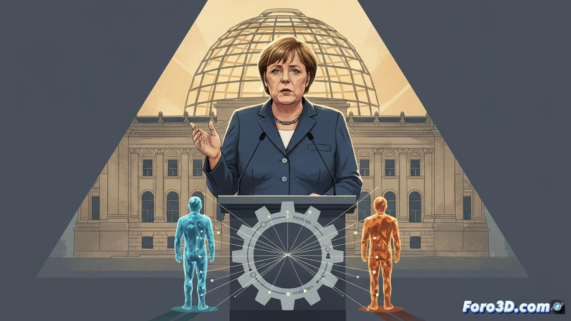 Angela Merkel, con gesto sereno, alza una mano frente a un micrófono en un salón gubernamental, rodeada de políticos debatiendo.
