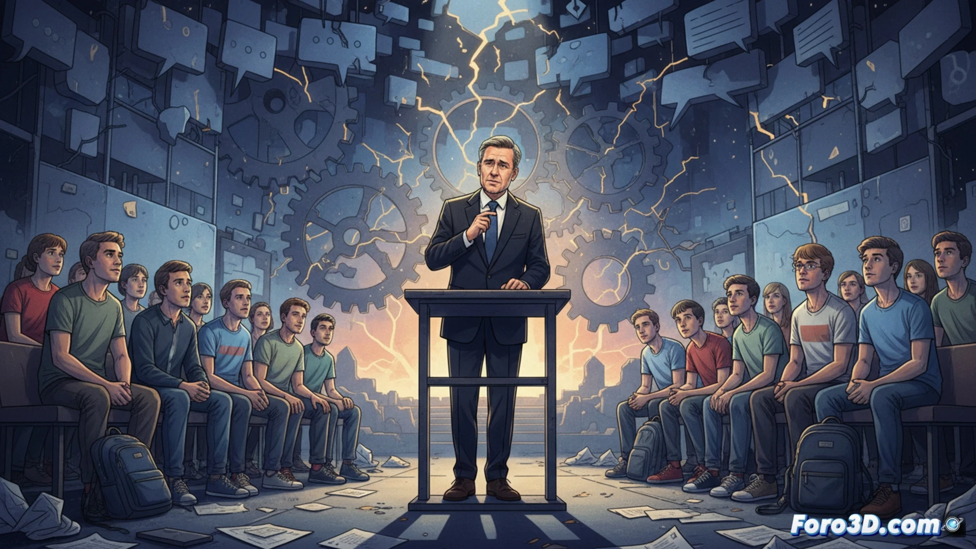 German Chancellor Friedrich Merz standing at a podium during a crowded conference hall, young audience members raising smartphones and tablets toward him, a large digital screen behind him displaying a fragmented signal wave with broken transmission lines, soundwave interference patterns radiating from the podium, cables and microphones tangled on the wooden stage, Merz gesturing with one hand while the other adjusts a malfunctioning headset, cinematic photorealistic engineering visualization, dramatic stage lighting creating long shadows, metallic podium reflecting blue screen glow, blurred crowd with questioning postures, technical communication failure metaphor