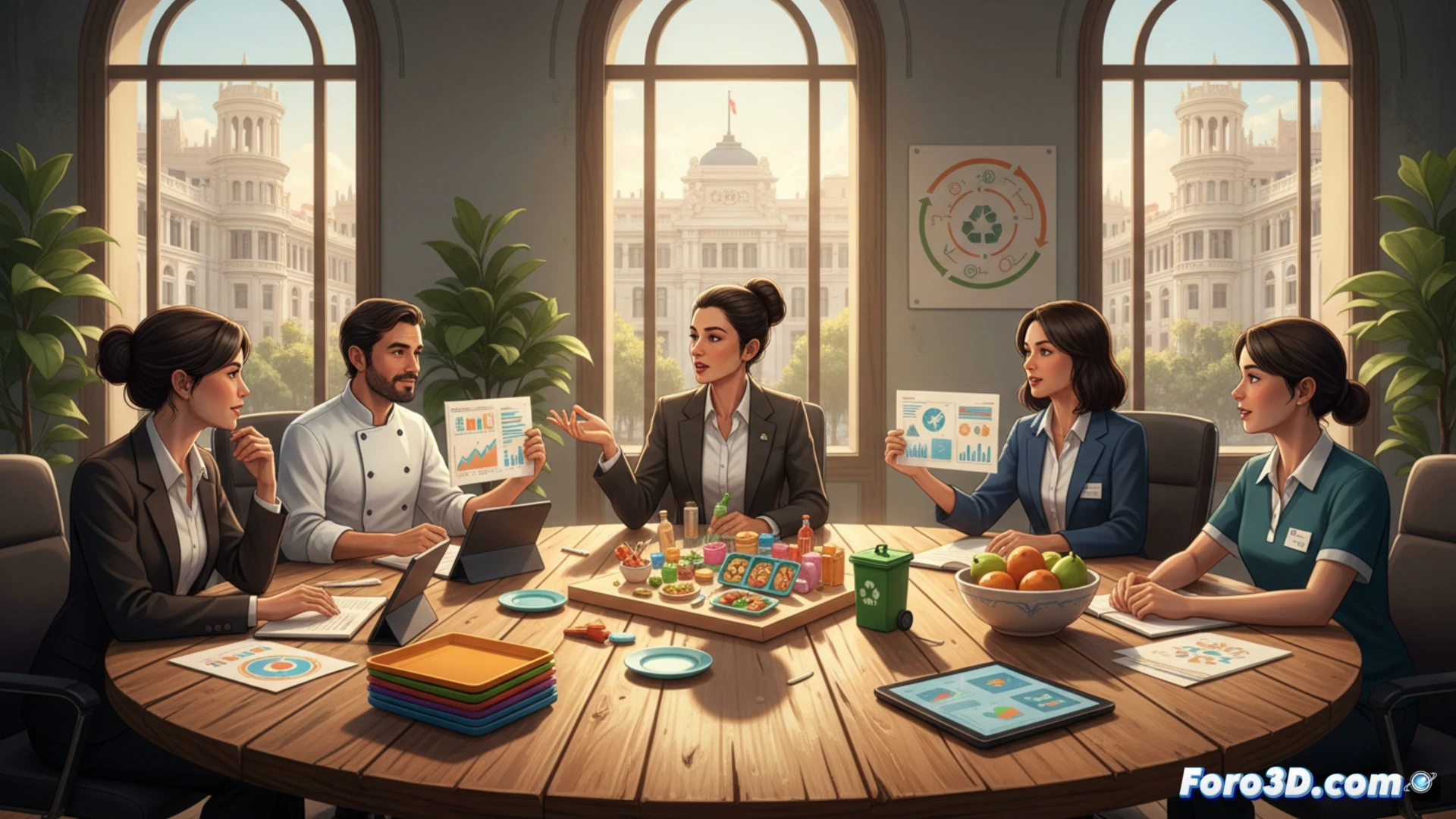 catering workers and schoolchildren in a bright cafeteria, sorting food waste into transparent bins labeled with circular economy symbols, digital scale showing weight reduction, reusable containers stacked on counter, chef demonstrating portion control technique to reduce leftovers, educational posters on composting visible on wall, photorealistic technical illustration, natural daylight from large windows, stainless steel serving stations, clean modern design, action of transferring leftovers into compost bin, children holding empty plates, professional kitchen uniforms, sustainable bamboo utensils, high-resolution cinematic style, warm inviting atmosphere