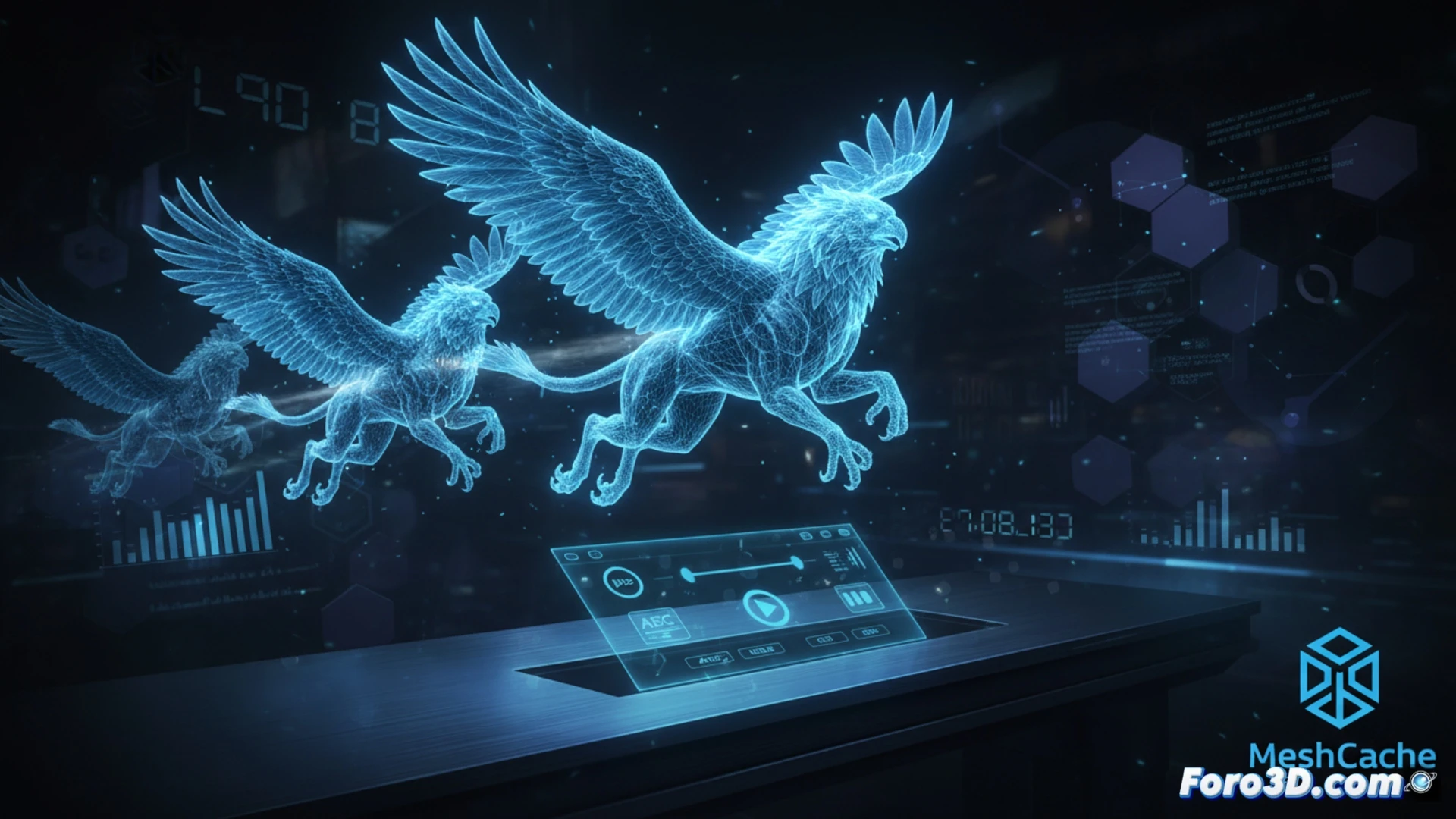 Interfaz limpia de MeshCache Studio mostrando una malla 3D animada en tiempo real, con iconos de formatos Alembic, USD y OBJ. Texto: beta gratuita hasta mayo 2026.
