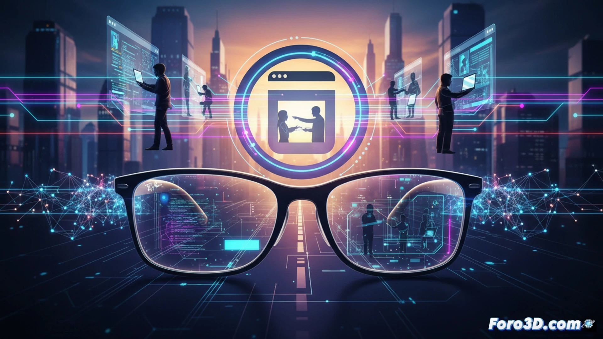 A developer wearing Ray-Ban Display glasses typing on a laptop, augmented reality interface floating in front of the glasses showing a live code editor, a small screen embedded in the right lens displaying a test app interface, Neural Band wristband on the developer left hand sending gesture commands, web browser window on laptop showing a URL deployment dashboard, clean modern workspace with technical hardware, cinematic engineering visualization, bright ambient studio lighting, photorealistic detail on glasses and wristband, shallow depth of field focusing on the AR interface and developer hands, ultra-detailed electronic components visible on the Neural Band