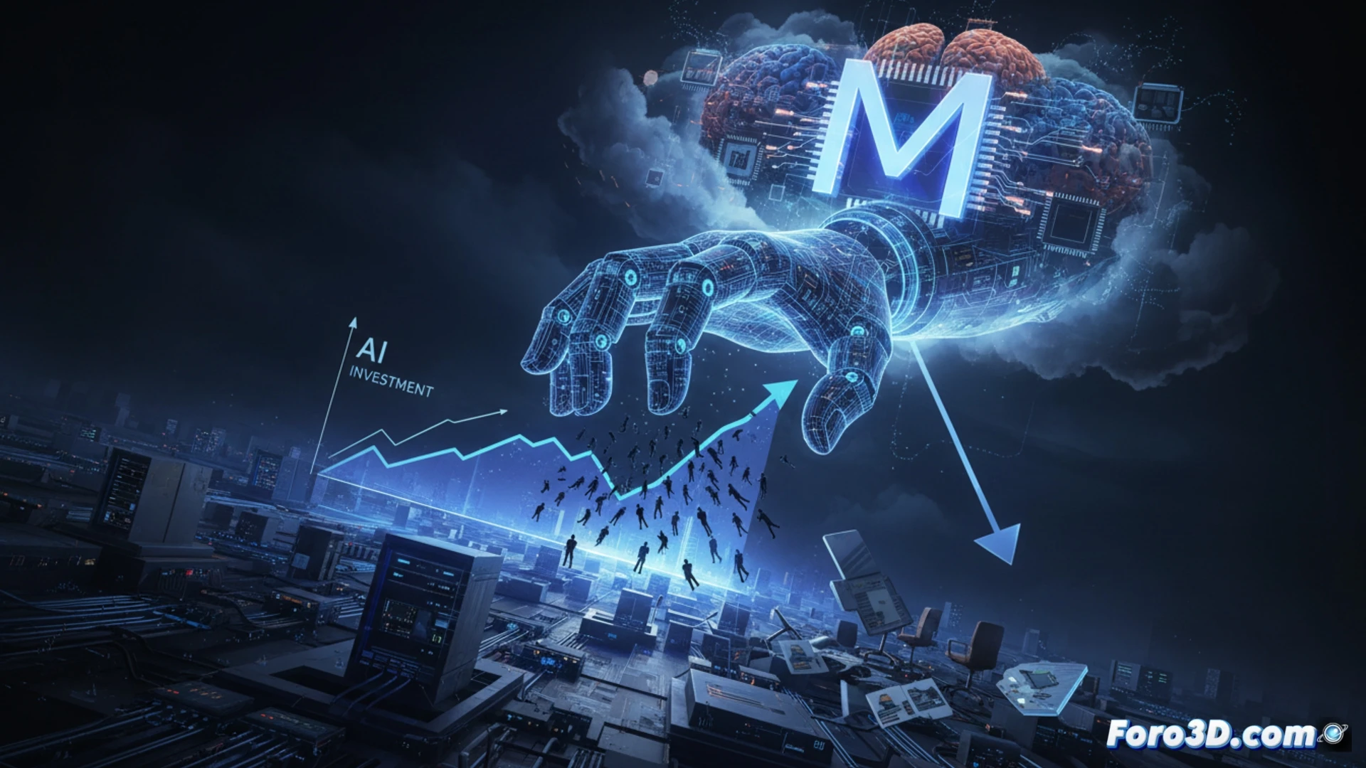 Cinematic engineering visualization showing a massive corporate office floor with thousands of empty desks and monitors displaying AI neural network diagrams, while a colossal robotic arm labeled GPU cluster assembly replaces human workstations with server racks, glowing blue data streams flowing through transparent cables, holographic pie charts in the background showing workforce reduction percentages morphing into AI infrastructure growth, dramatic chiaroscuro lighting casting long shadows across abandoned cubicles, photorealistic architectural detail, technical illustration style with precise mechanical components and circuit board patterns embedded in the environment
