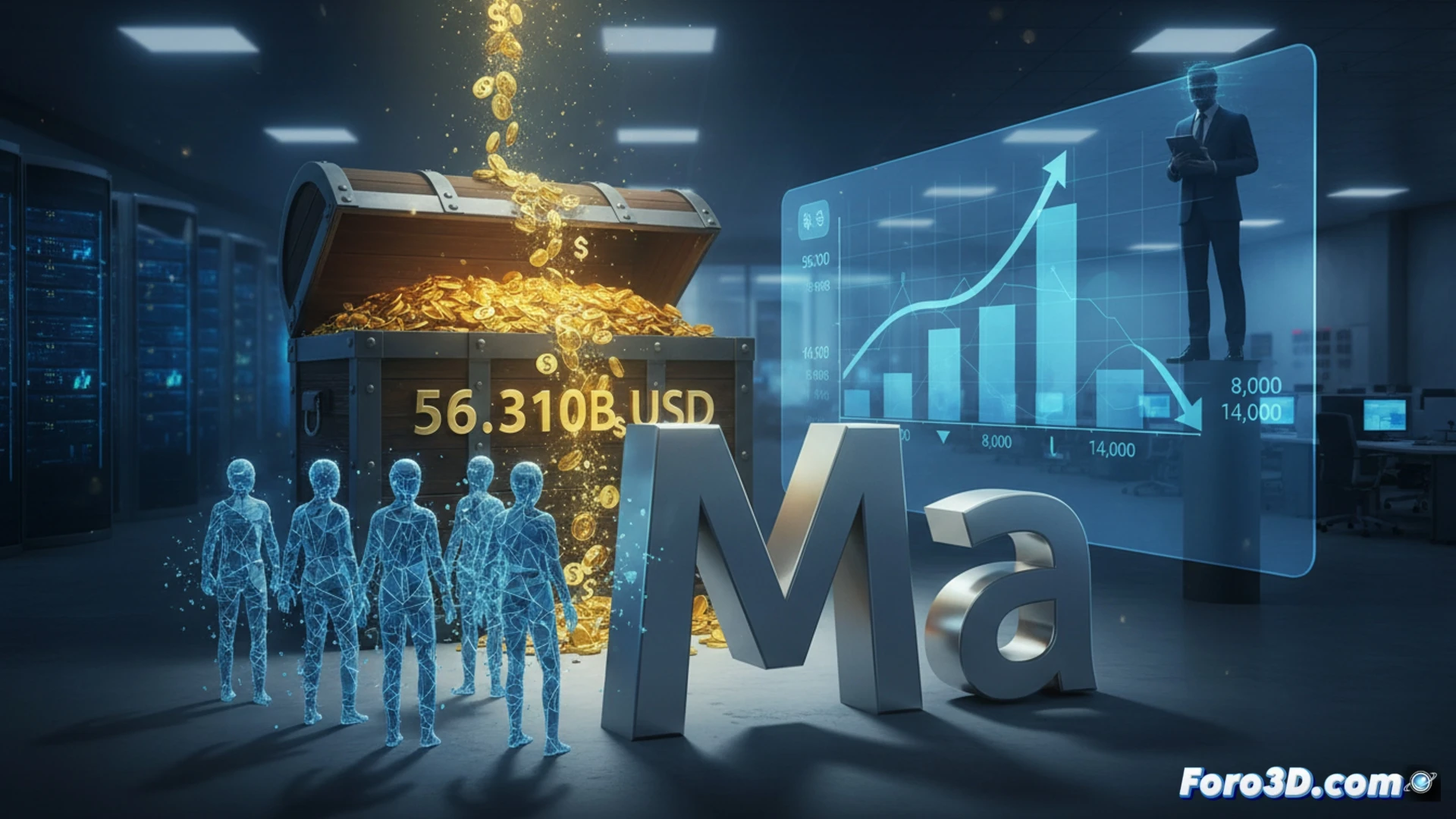 Cinematic wide shot of a sleek Meta office building interior, 8,000 empty chairs arranged in silent rows, a single glowing holographic stock chart showing record revenue numbers floating above a glass table, while a manager’s hand presses a red button on a tablet, triggering a cascade of falling ID badges from above, photorealistic technical illustration, cold blue fluorescent lighting, reflective glass surfaces, dramatic shadows, ultra-detailed office furniture and holographic interface elements, action of termination process demonstrated through visual contrast of success and loss.