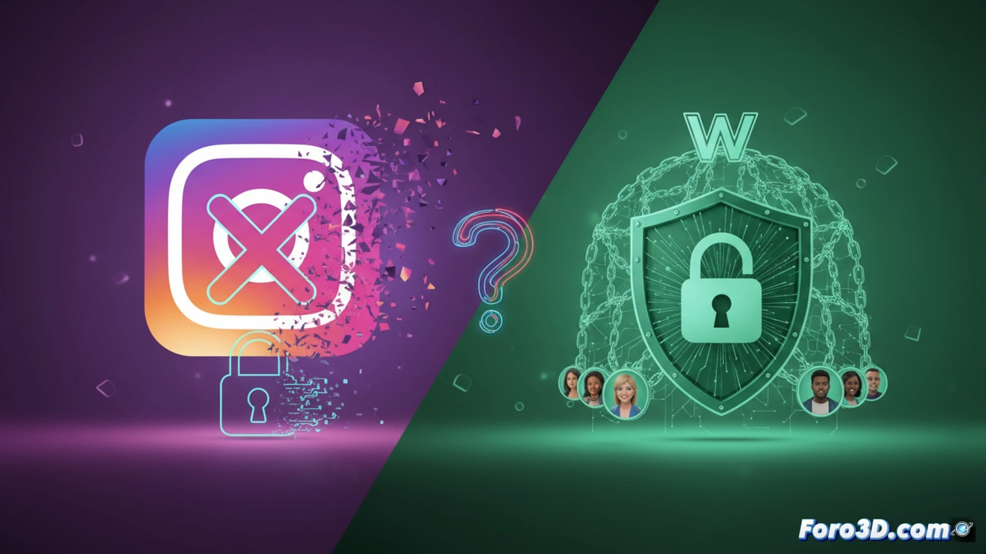 Two contrasting smartphone screens side by side, left Instagram DM interface with a broken padlock icon fading into transparent lines showing data flow, right WhatsApp chat with glowing secure shield and Incognito Chat mode active, a central hand of Mark Zuckerberg figure pulling a lever labeled Meta AI while one side collapses encryption and the other strengthens it, binary code and server racks visible in background, dramatic split lighting with cold blue on WhatsApp side and warm red on Instagram side, holographic key icons dissolving on Instagram while solid titanium keys lock on WhatsApp, cinematic technical illustration style, hyperrealistic metallic textures, subtle smoke and particle effects around the broken encryption, ultra-detailed UI elements, photorealistic engineering visualization
