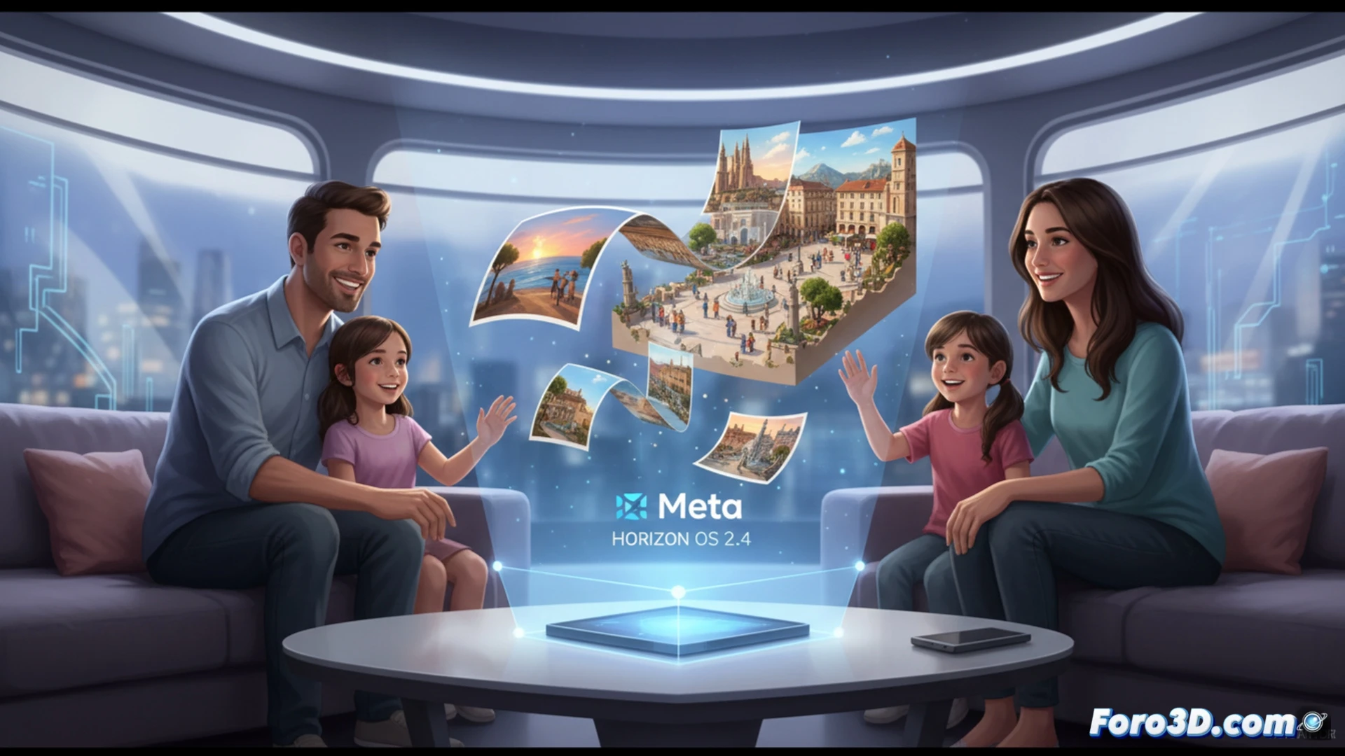 Meta Horizon OS 2.4 interface floating above a wooden desk, smartphone displaying a flat family photo transforming into a glowing 3D hologram mid-air, user hand gesturing to rotate the volumetric scene, geometric polygons assembling around the image, depth map lines radiating outward, chipset labeled Snapdragon XR2 visible inside an open headset, cinematic technical illustration, neon blue and orange lighting, volumetric particles, photorealistic engineering visualization, showing real-time local processing without cloud connection