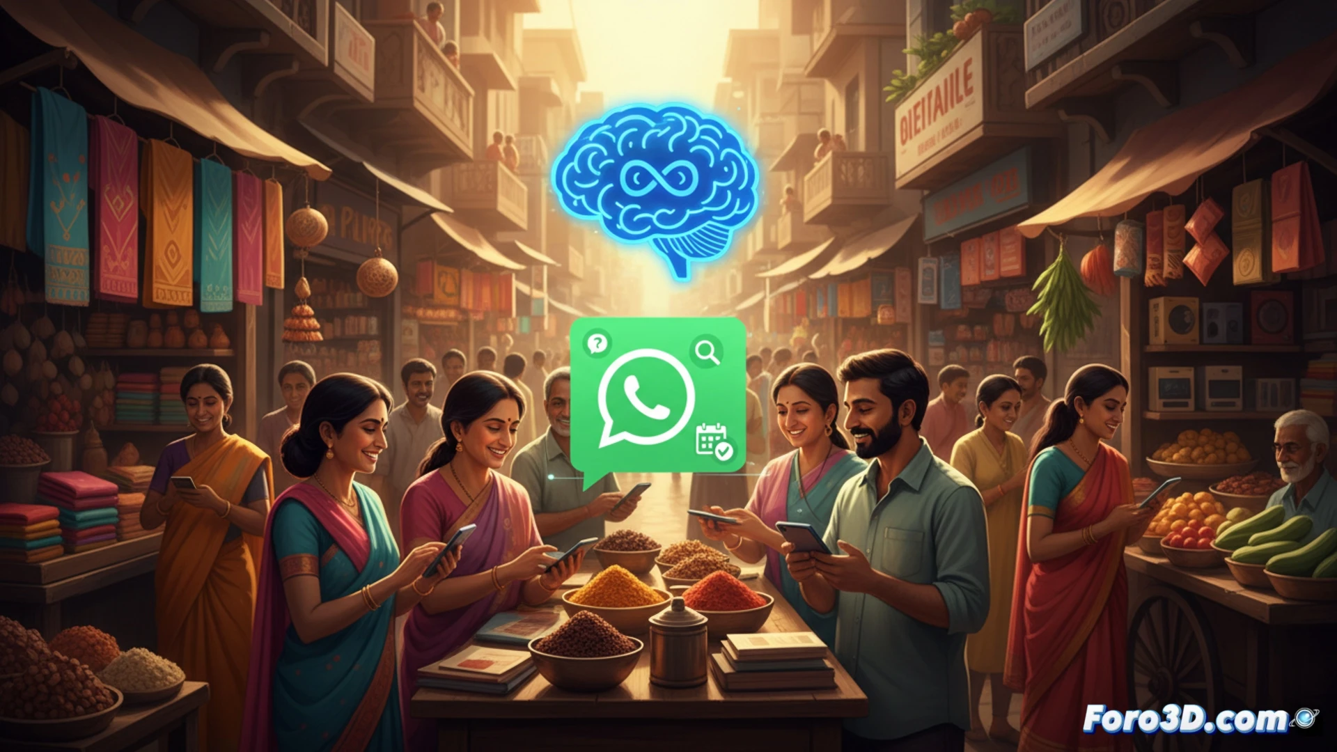 smartphone screen showing WhatsApp Business chat interface, Indian shop owner in background typing reply while AI avatar icon floats beside conversation, automated booking calendar visible, lead capture form being filled, small retail store setting with spices and textiles, warm ambient lighting, photorealistic technical illustration, clean UI elements glowing subtly, Indian cultural details in decor, hands actively swiping and tapping, depth of field blurring background shelves, hyperrealistic textures on phone screen and fabric