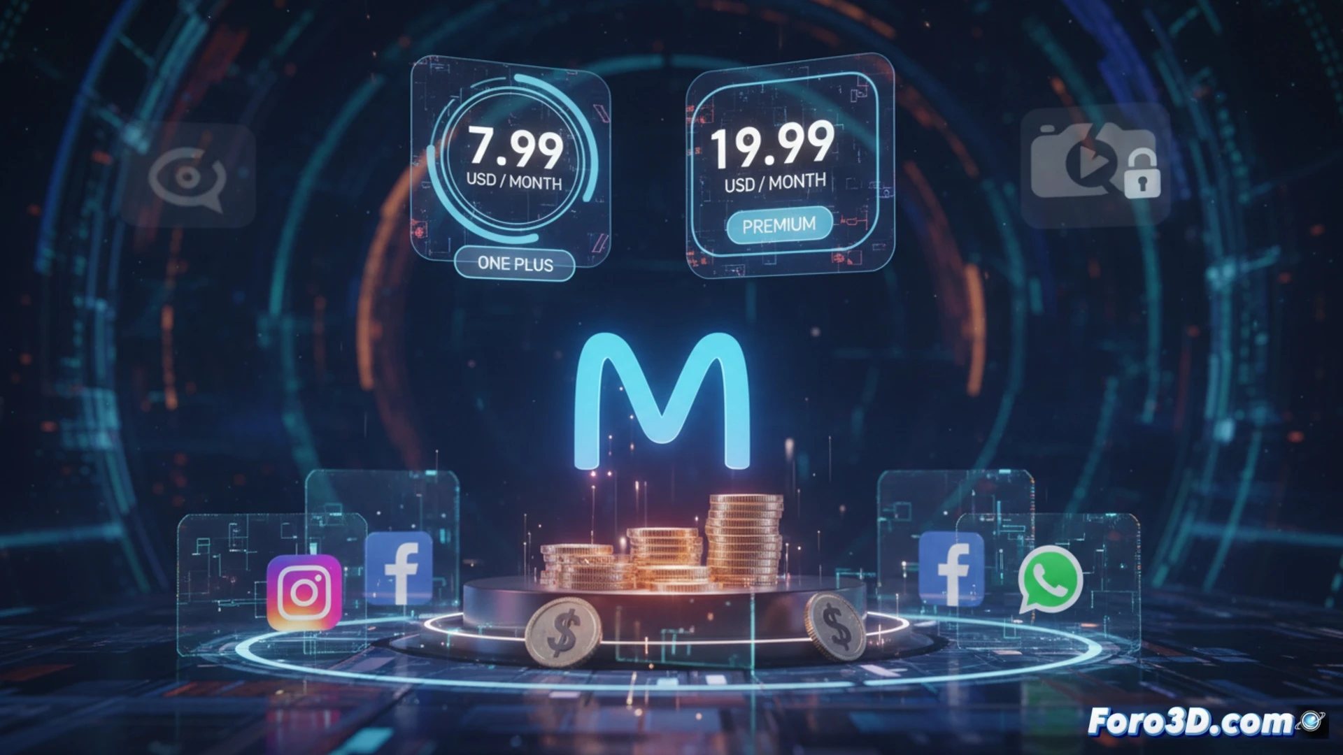 Smartphone screen displaying a payment subscription tier comparison, hand swiping away a free generative AI feature icon showing a lock overlay, floating Meta AI assistant interface dimming while a credit card icon fades in, digital wallet notification popping up, photorealistic technical illustration, dark blue and silver color palette, glowing UI elements with subtle payment confirmation animation, realistic reflection on glass screen, ultra-detailed mobile interface design, cinematic product photography lighting