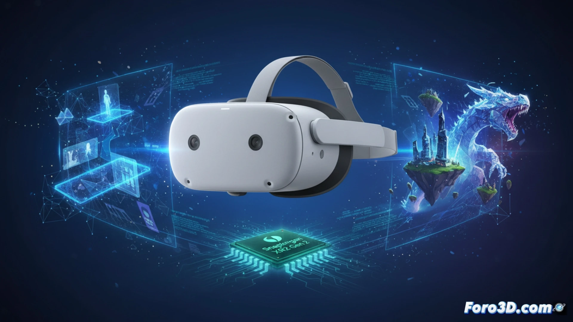 persona con gafas Meta Quest 3S interactuando en un espacio de realidad mixta, manos tocando un panel holográfico flotante con iconos de juegos y aplicaciones, fondo de sala de estar moderna con muebles minimalistas, el casco muestra un diseño blanco y negro con sensores frontales visibles, luz ambiental suave reflejándose en las lentes, mientras una interfaz digital translúcida se superpone al entorno real, demostrando la potencia del procesador Snapdragon XR2 Gen 2, estilo cinematográfico y fotorrealista, iluminación dramática y detalles nítidos en los componentes del hardware, escena de uso cotidiano con acción de navegación inmersiva