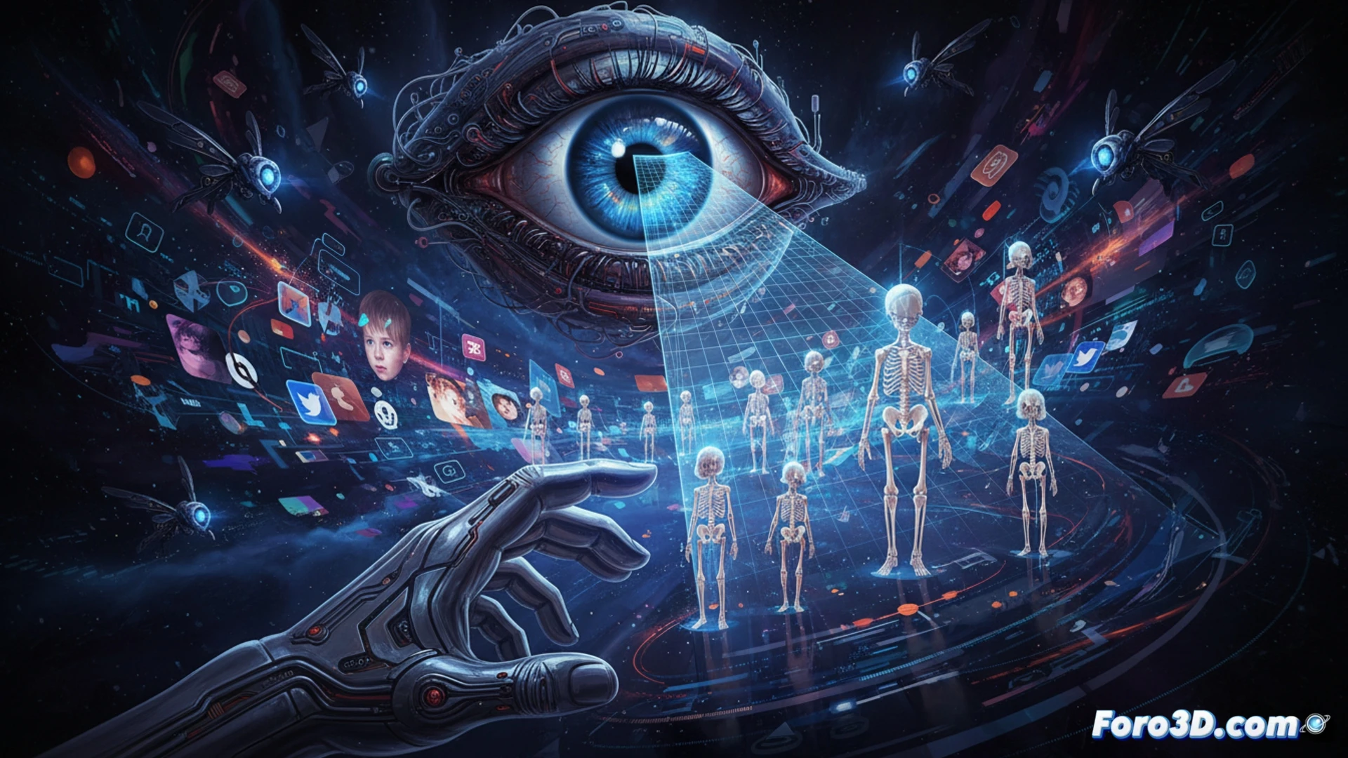 Una silueta de un niño digital con huesos brillantes en azul, rodeado de iconos de redes sociales, vigilado por un ojo robótico rojo.