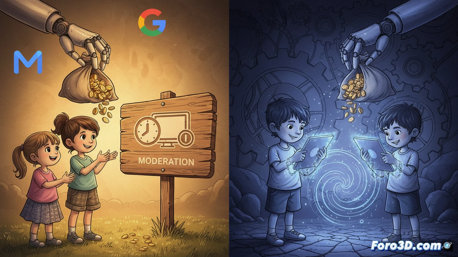 Financial transaction scene showing Meta and Google executives handing stacks of cash to Sesame Workshop puppets and Girl Scouts leaders, while behind them a child stares at a smartphone with glowing red notification badges and a broken disconnect button, split-screen contrasting philanthropy and addiction mechanics, cinematic photorealistic style, dramatic chiaroscuro lighting, ultra-detailed screens displaying infinite scroll algorithms, puppet fabric textures, cash bundle details, high-contrast shadows, technical documentary aesthetic