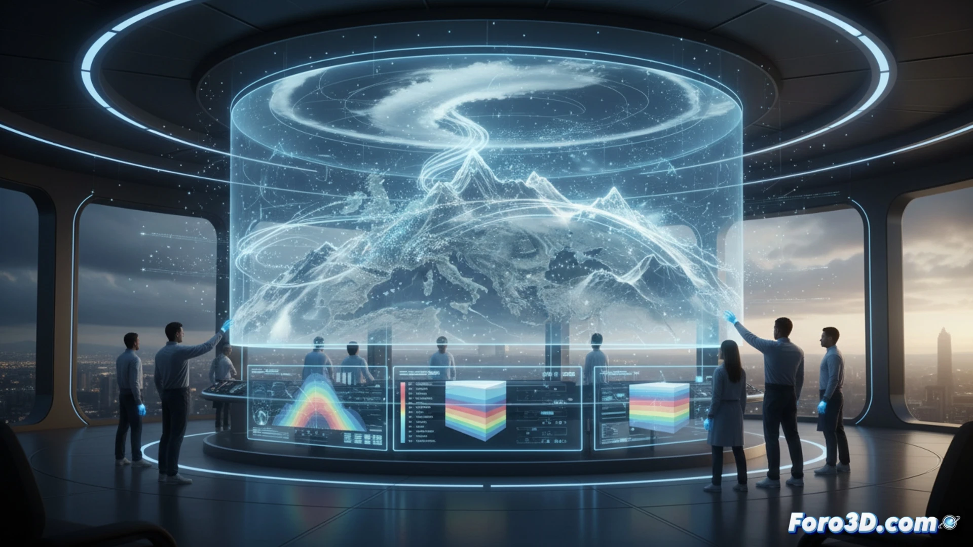 Meteovigo MV-WRF 3D weather map interface, meteorologist interacting with holographic atmospheric layers, swirling cloud formations and pressure gradients rendered as translucent volumetric grids, wind vectors flowing around terrain elevation data, multiple monitor setup displaying real-time model outputs, hands adjusting touchscreen controls while data streams update dynamically, cinematic technical visualization, glowing blue and orange isobars intersecting, ultra-detailed GPU workstation with cooling systems visible, dramatic low-angle studio lighting, photorealistic engineering render