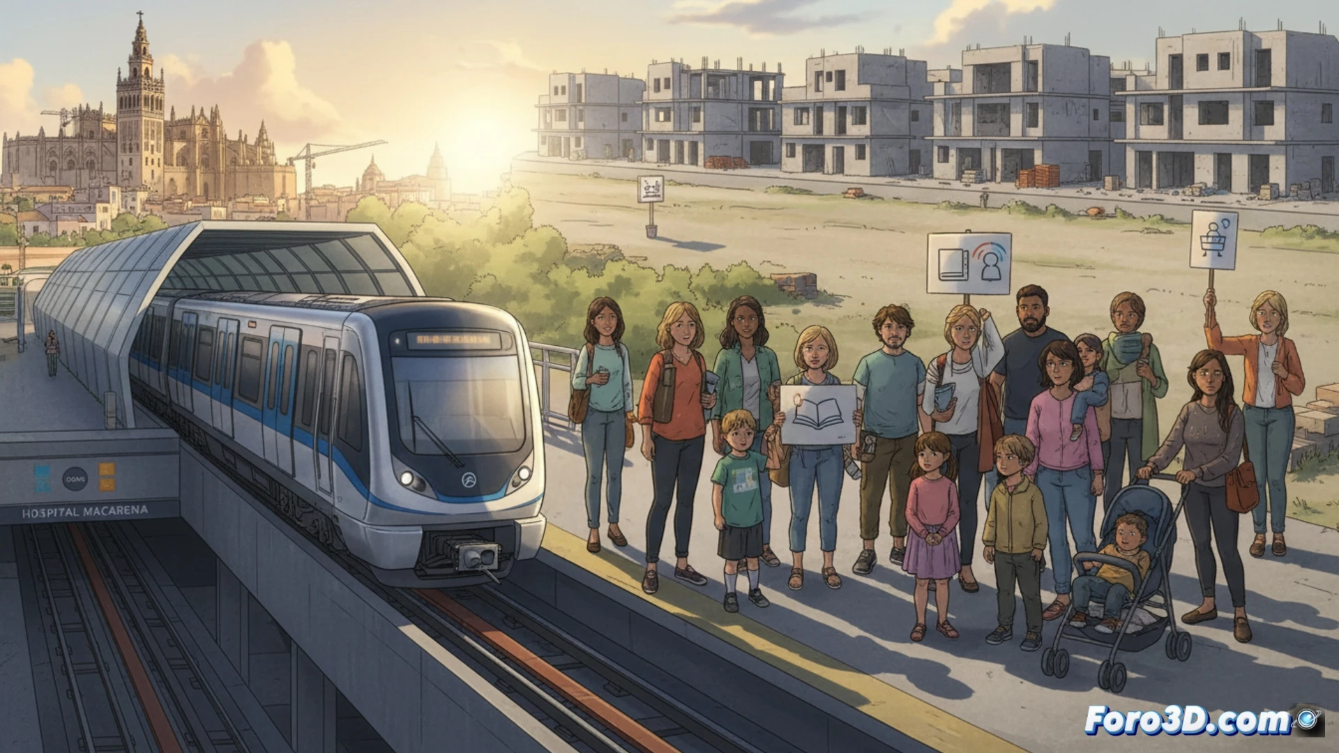 Estación de metro en construcción bajo un puente de autovía, tuneladora metálica perforando roca con engranajes hidráulicos visibles, obreros con cascos y herramientas de medición junto a pantallas digitales de control de obra, al fondo un barrio residencial con grúas y edificios nuevos, niños con mochilas escolares caminando por una acera polvorienta hacia un autobús improvisado, contraste entre infraestructura moderna y déficit educativo, estilo cinematográfico realista, iluminación de atardecer industrial, profundidad de campo amplia, texturas de hormigón y acero detalladas, photorealistic technical visualization