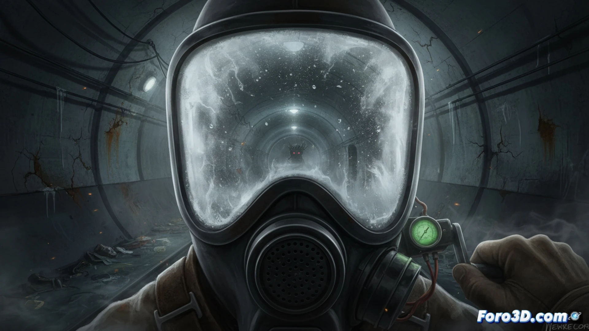 Jugador en túnel oscuro con máscara de gas empañada, efecto vaho realista en Metro Awakening VR