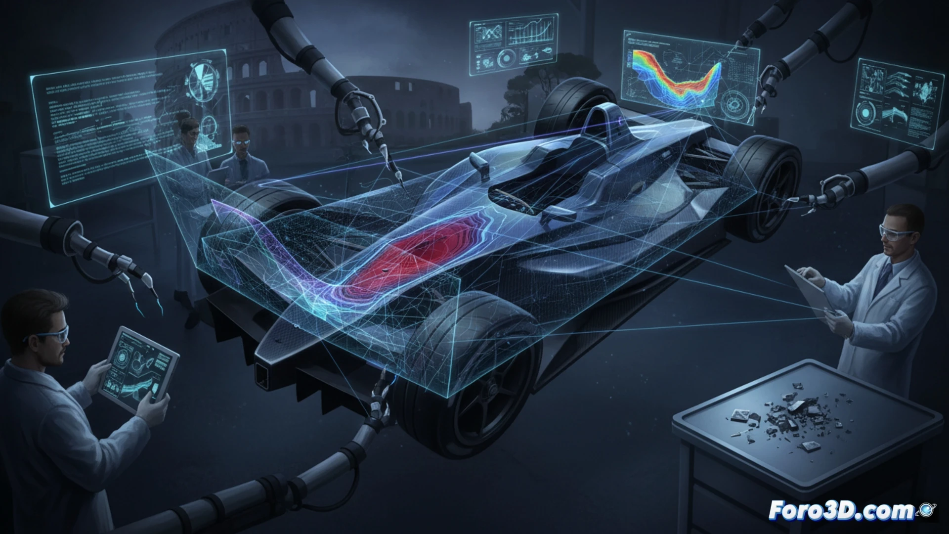 Escaneo 3D de fondo plano de Formula E revela sabotaje milimetrico en metrologia forense automotriz