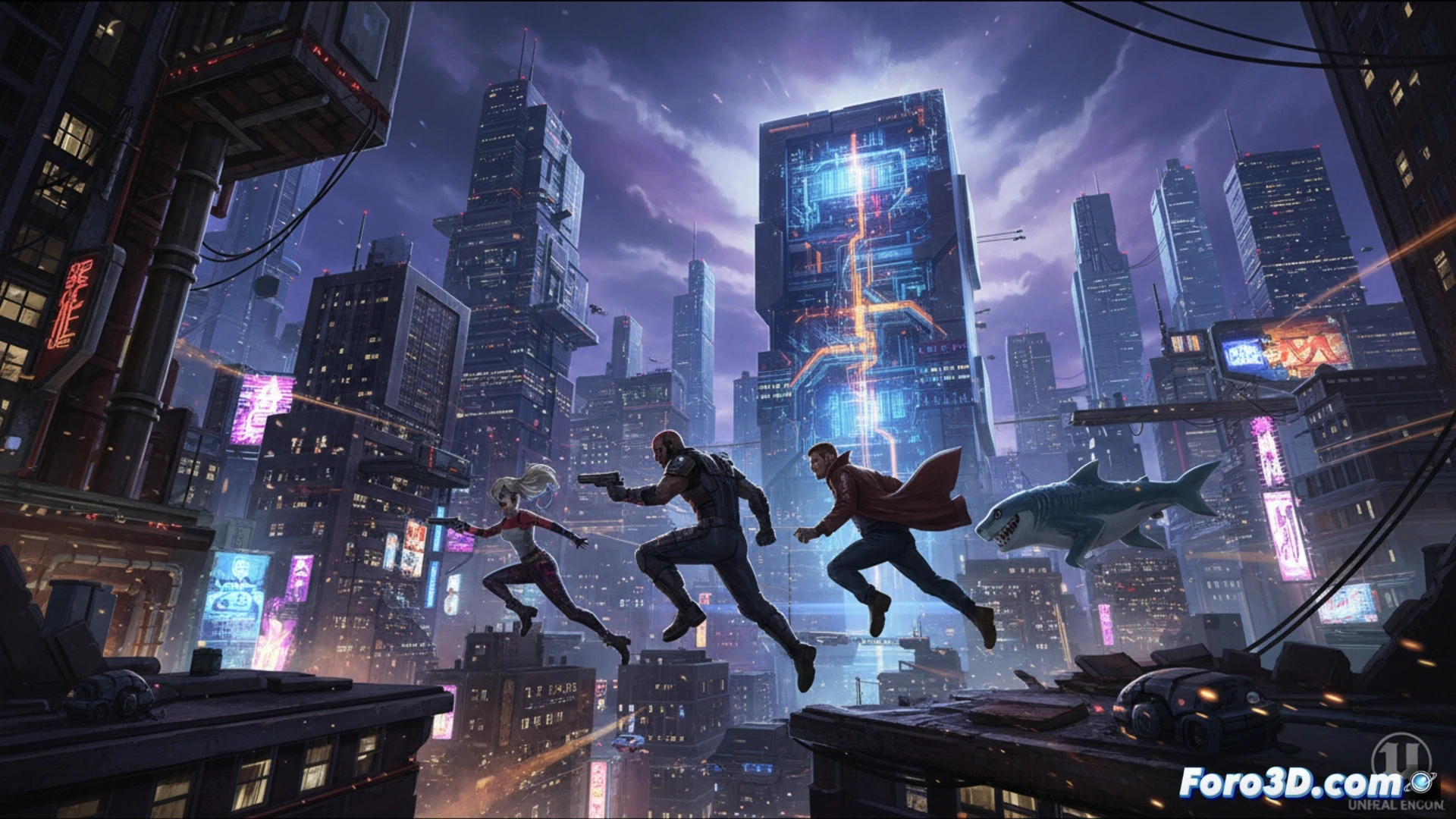 Vista aérea de Metrópolis en Unreal Engine 4 con explosiones y personajes volando entre rascacielos