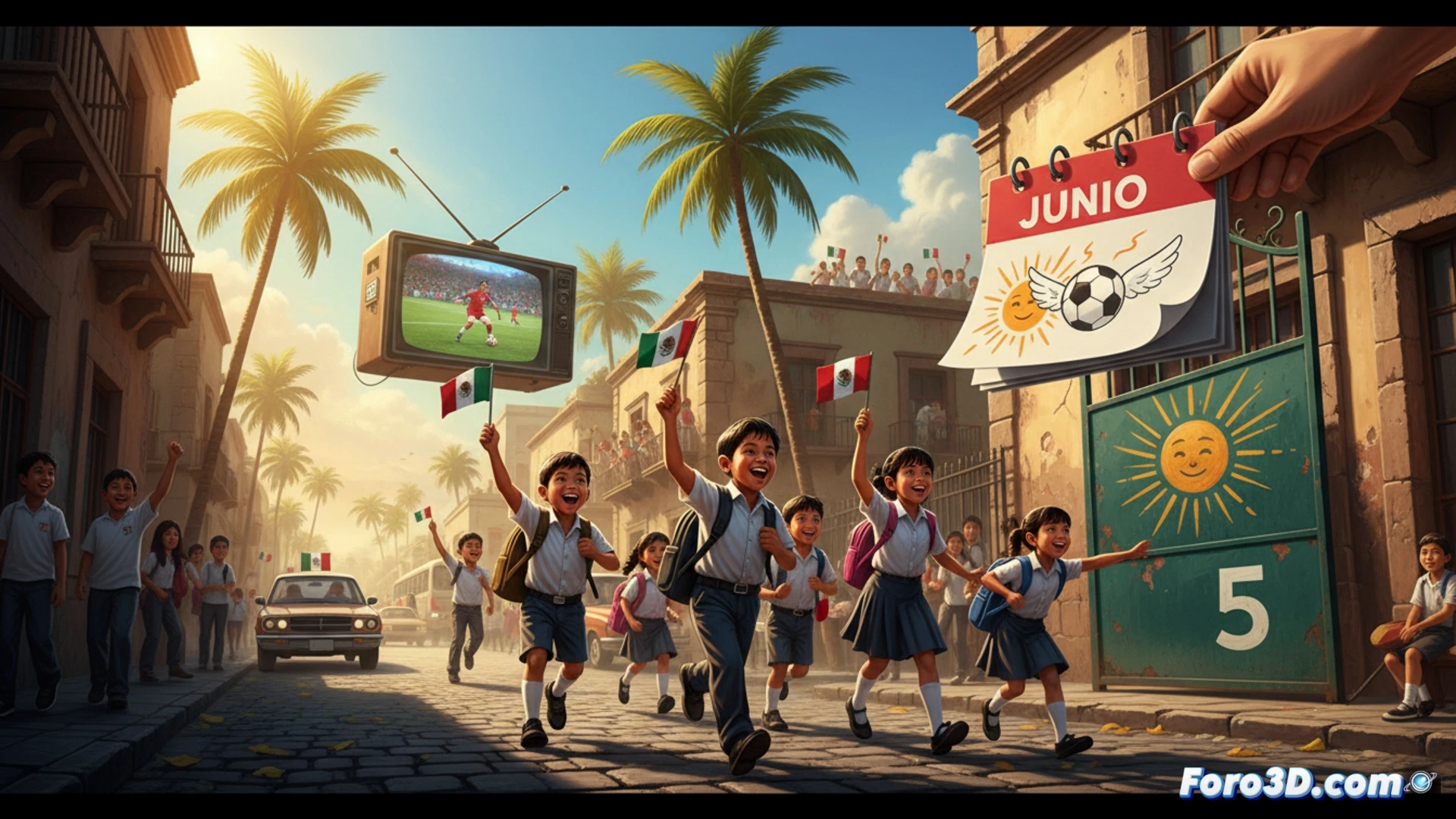 Un calendario escolar con fecha 5 de junio marcada en rojo, junto a un termómetro al rojo vivo y un balón de fútbol sobre un escritorio vacío.