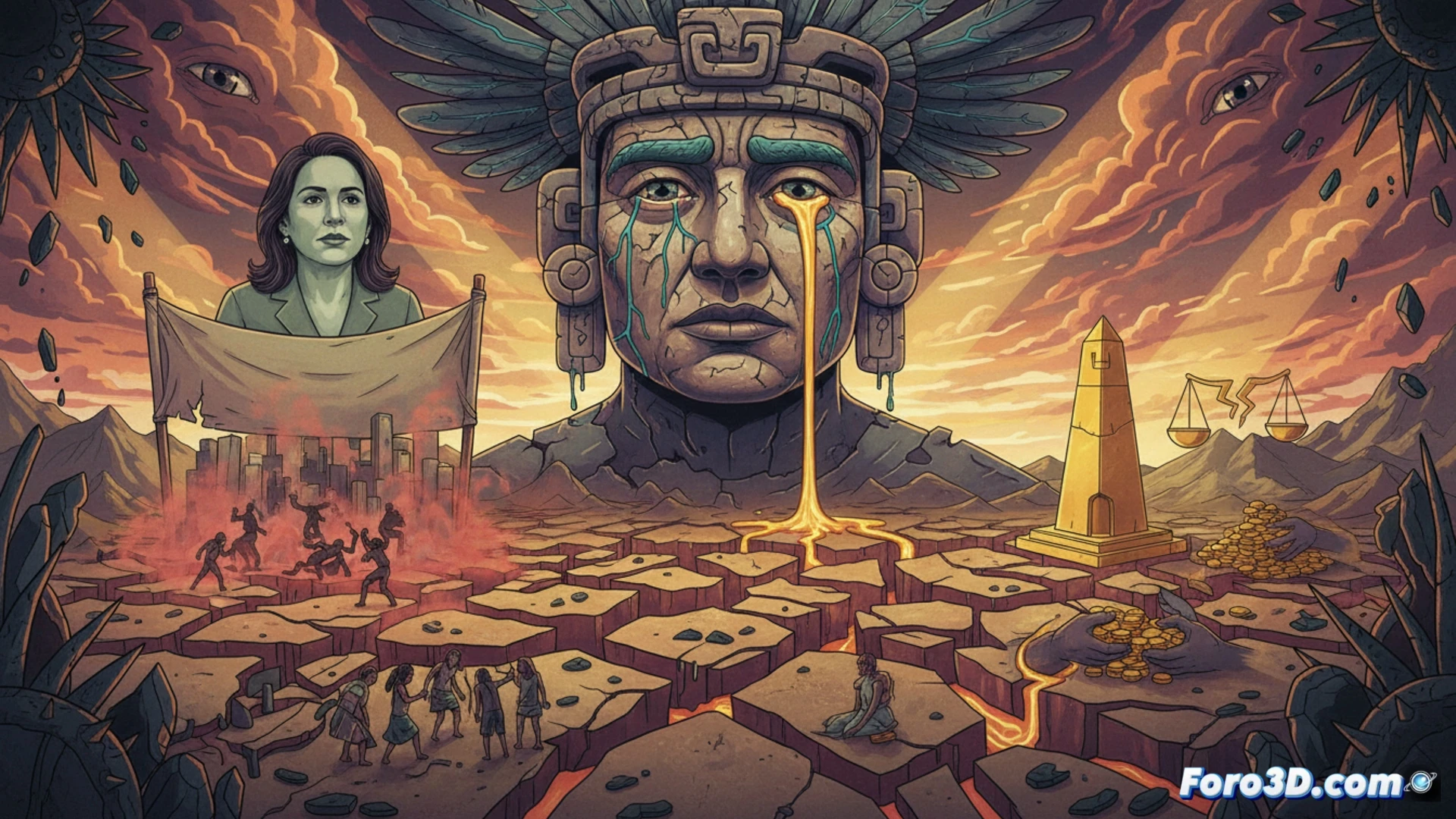 Una deidad maya llora sobre un paisaje mexicano partido: un lado brilla con promesas rotas; el otro, sumido en violencia y desigualdad.