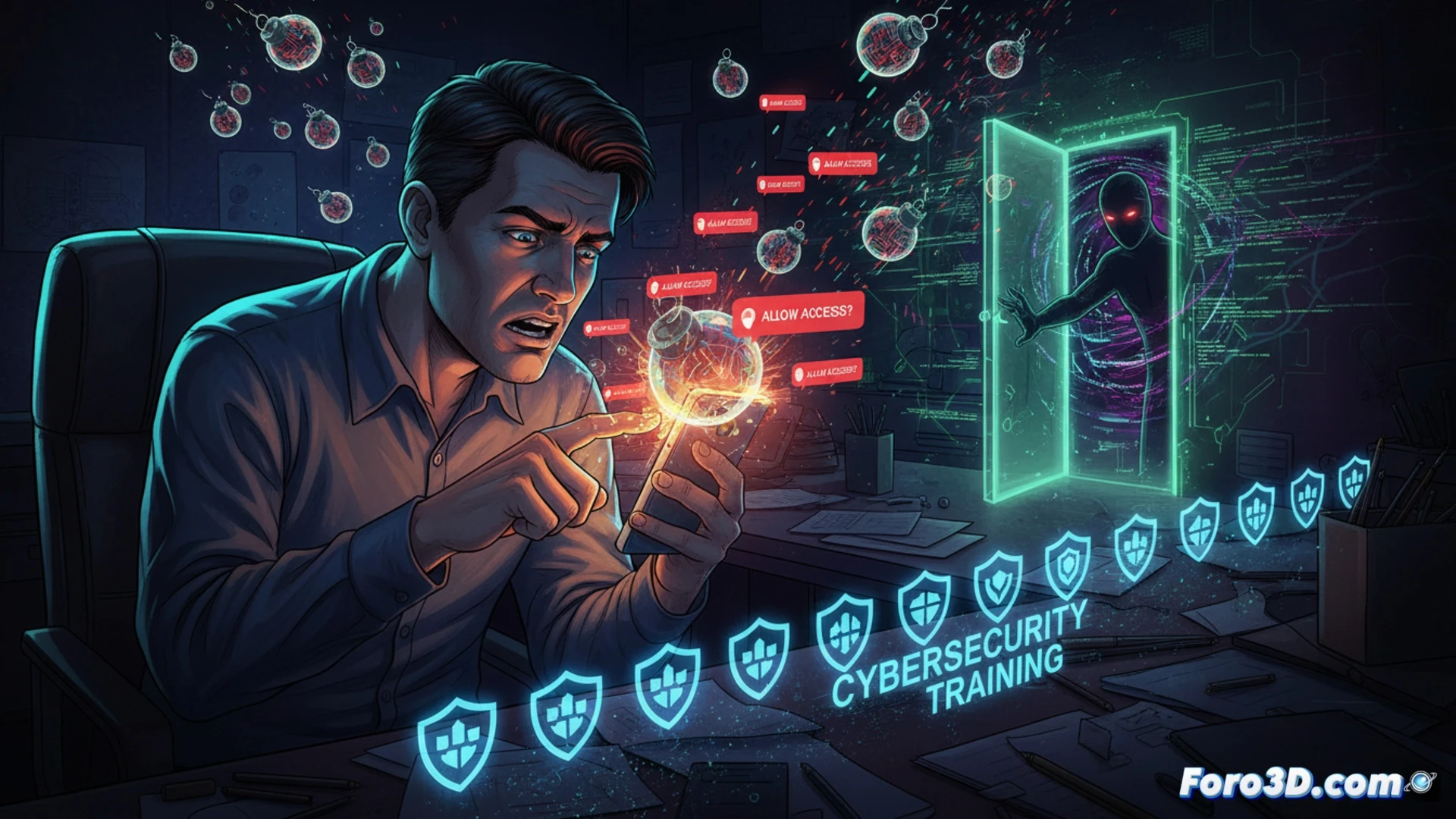 cybersecurity professional smartphone screen showing endless push notification alerts during MFA bombing attack, user hand hesitating over accept button while frustrated facial expression visible, glowing red warning icons multiplying rapidly on mobile interface, laptop background displaying breached system login dashboard, dramatic tension moment of decision, cinematic lighting with dark blue and crimson tones, realistic skin texture and phone reflections, technical details of notification stack overflow, photorealistic security incident visualization, high contrast shadows emphasizing psychological stress, ultra-detailed fingerprint smudges on screen, engineering precision in device components