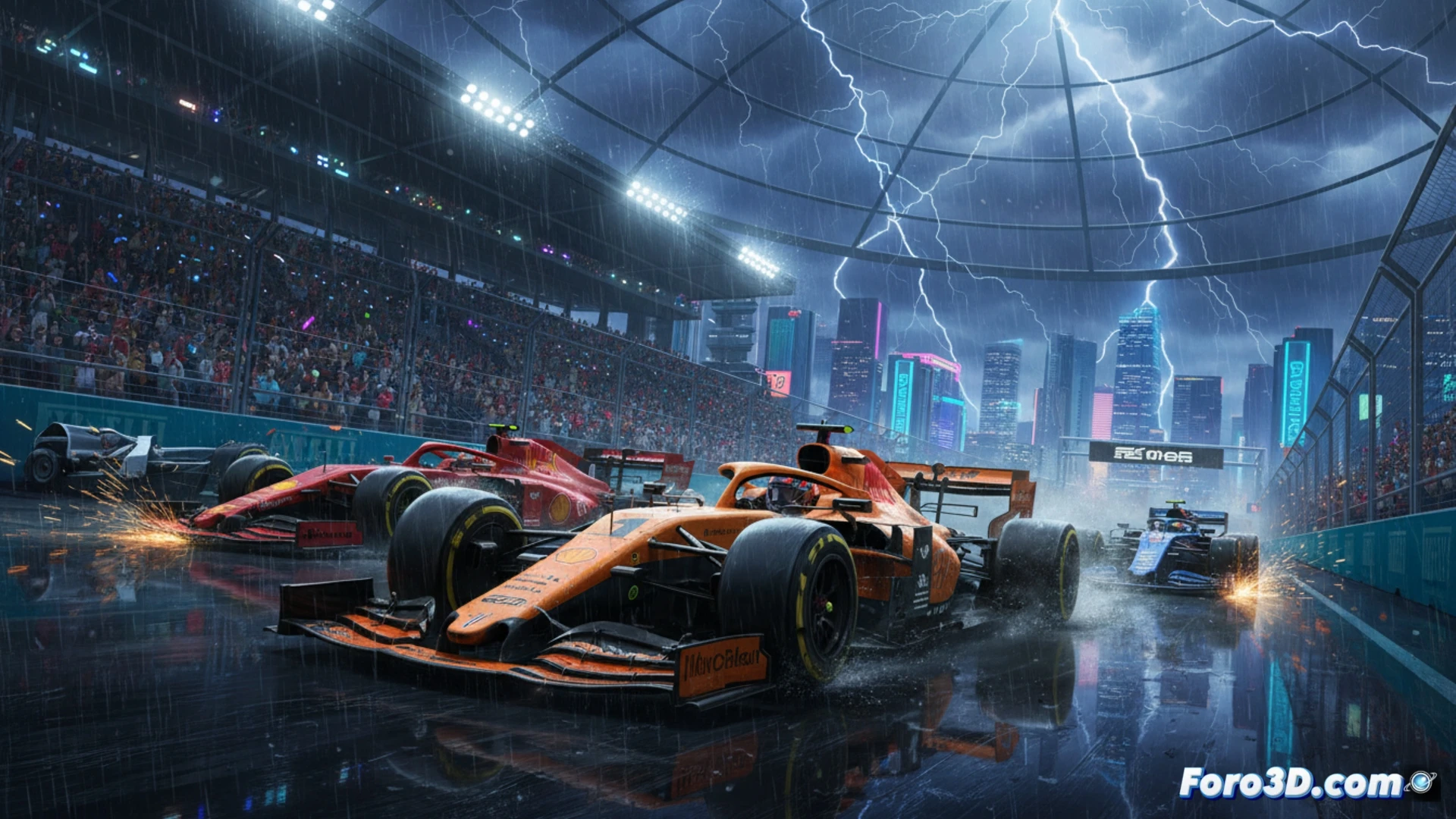 Circuito de Miami bajo tormenta eléctrica. Lando Norris lidera con McLaren, mientras Mercedes, Ferrari y Red Bull acechan bajo nuevas reglas.
