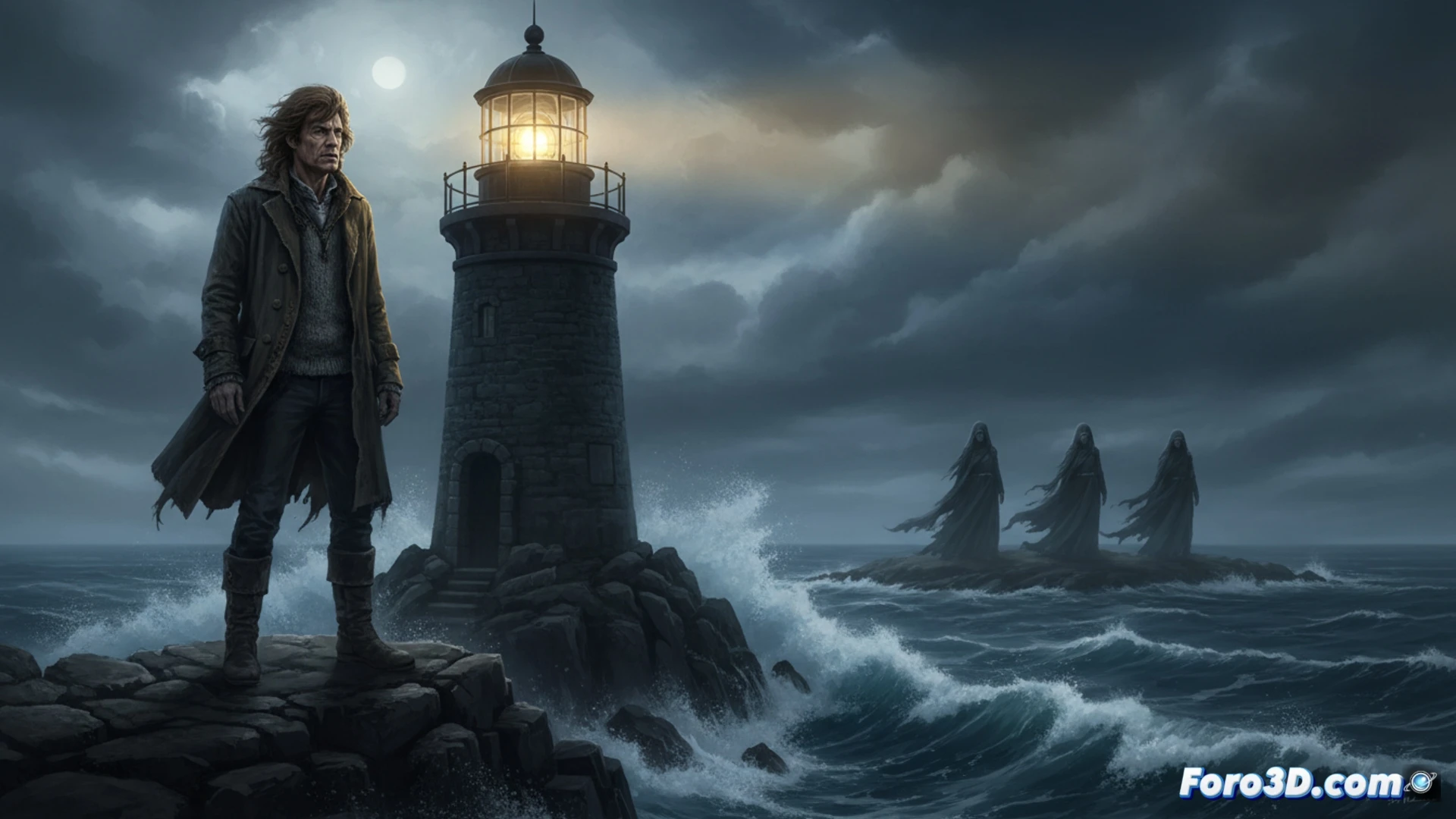 Mick Jagger como farero solitario junto a una antigua torre de faro de hierro forjado, ajustando una lente de Fresnel oxidada con herramientas de precisión mientras el viento levanta niebla salada del mar del Norte, cartas náuticas desplegadas sobre una mesa de madera bajo una bombilla de filamento, tres siluetas femeninas borrosas al fondo en una playa rocosa, cinematográfica iluminación crepuscular azul acero, textura de óxido y vidrio sucio, estilo fotorealista técnico, atmósfera dramática y melancólica.